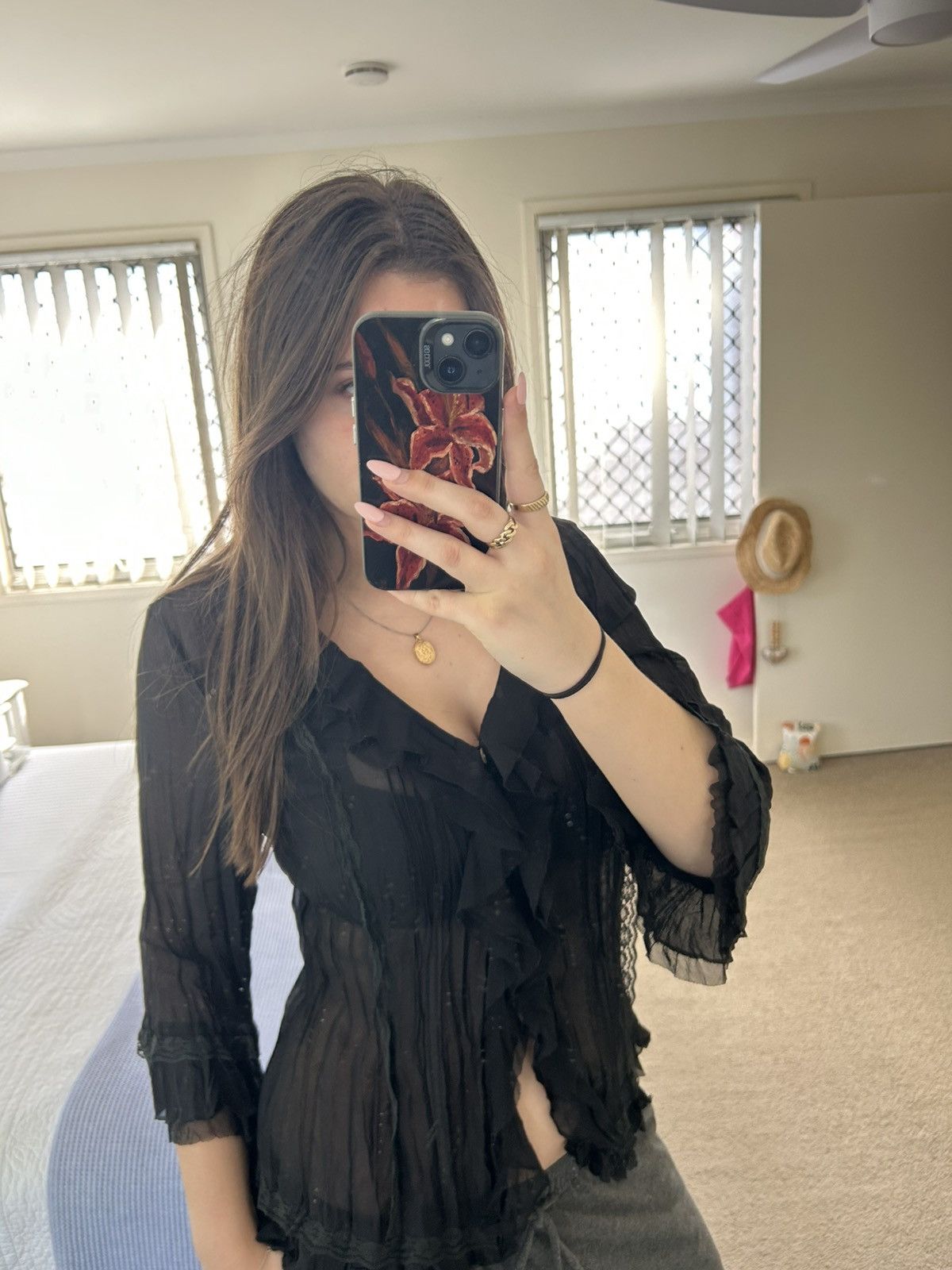 Other Vintage Sheer Black Frilled Blouse Size M / US 6-8 / IT 42-44 - 3 Thumbnail
