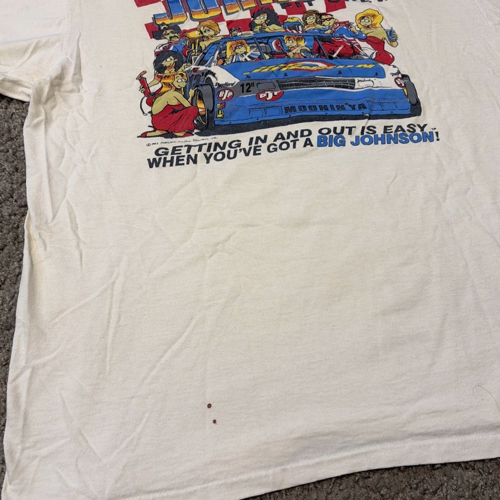 Big John VINTAGE 1993 Big Johnson Pit Crew Racing Raunchy Funny Comic White T-Shirt XL Mens Size US XL / EU 56 / 4 - 5 Thumbnail