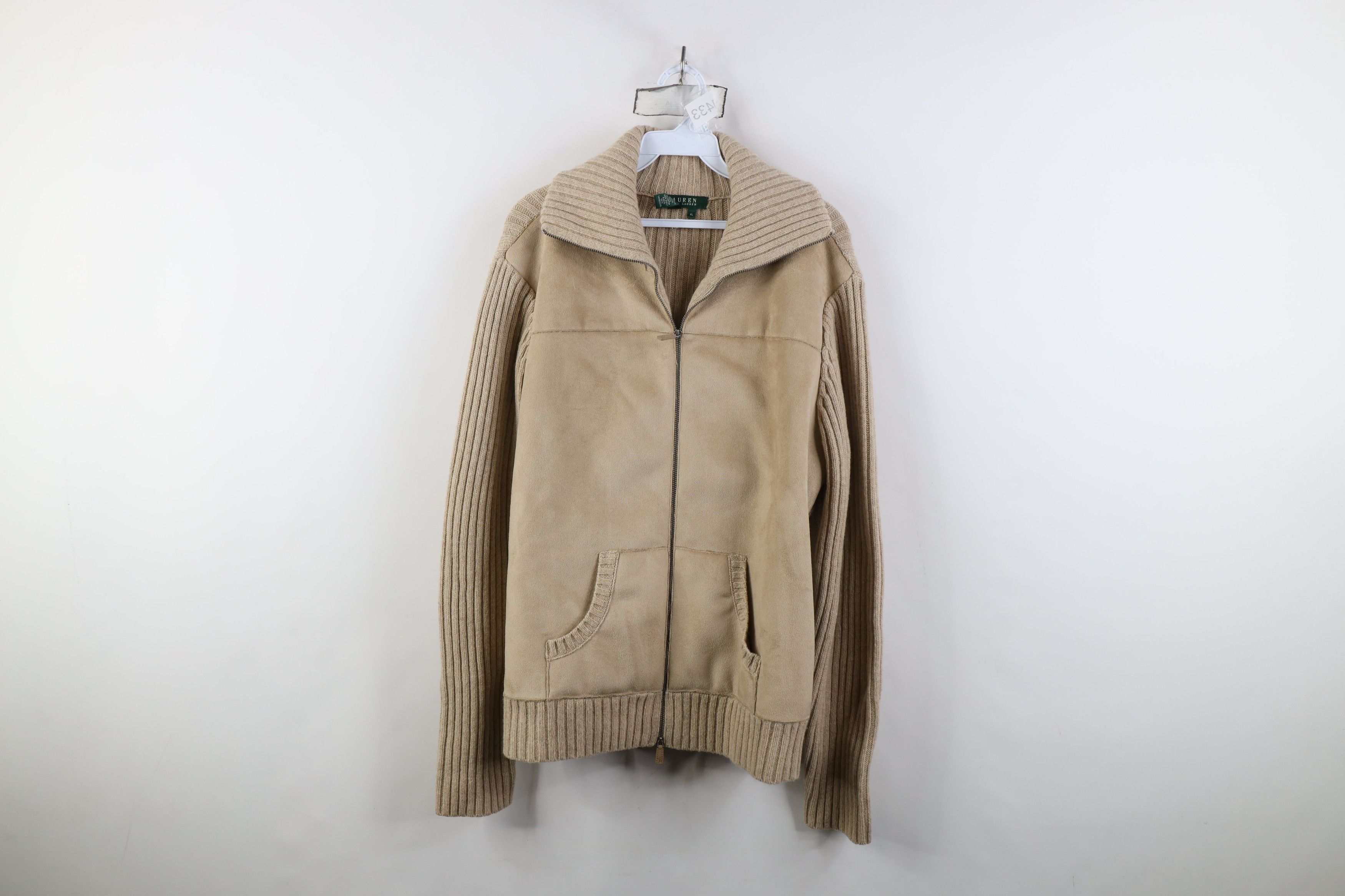 Ralph Lauren Vintage 90s Ralph Lauren Microfiber Sweater Jacket Beige Size XL / US 12-14 / IT 48-50 - 1 Thumbnail