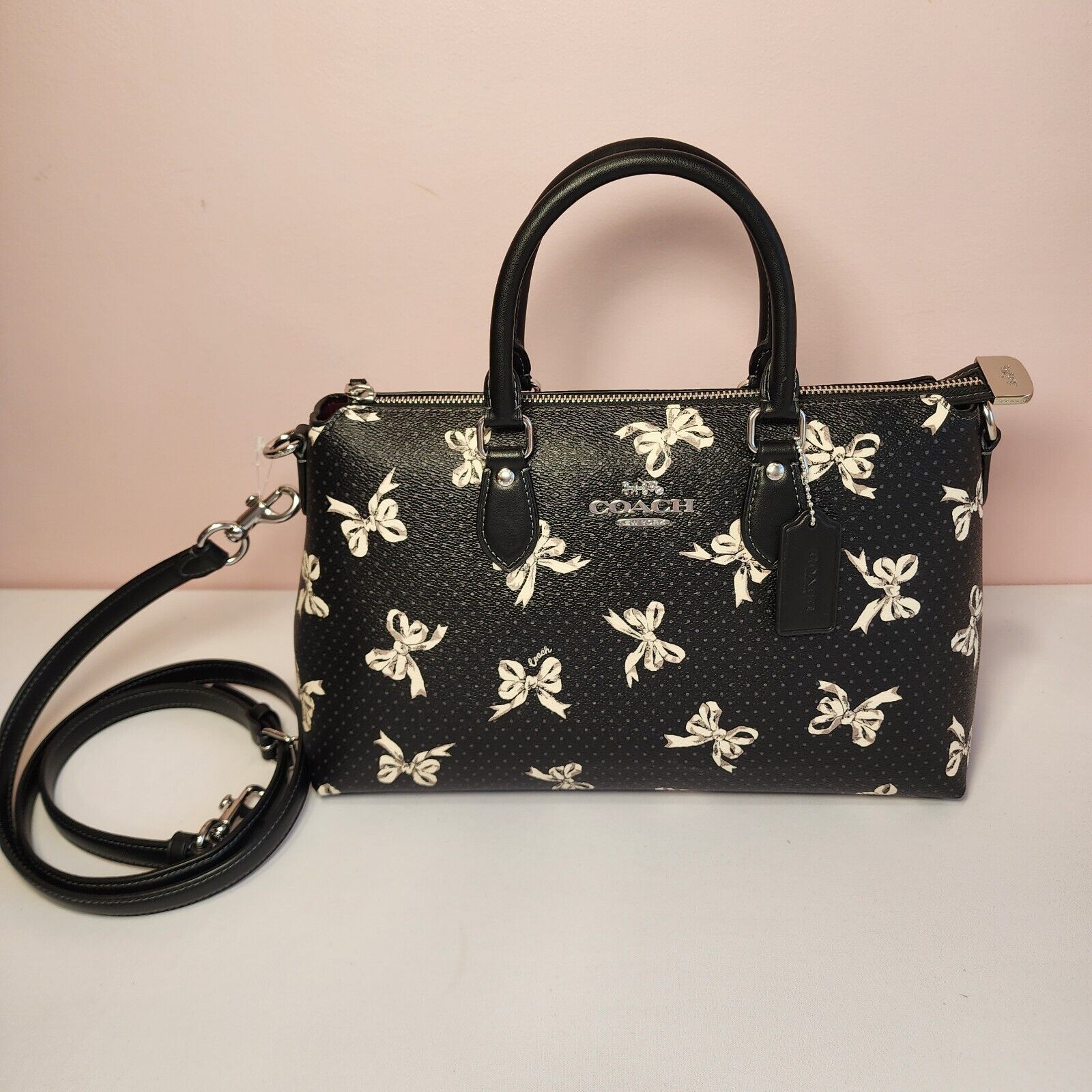 Coach NWT COACH CAA76 Georgia Stachel Bag Bow Print Silver/Black Size ONE SIZE - 1 Thumbnail