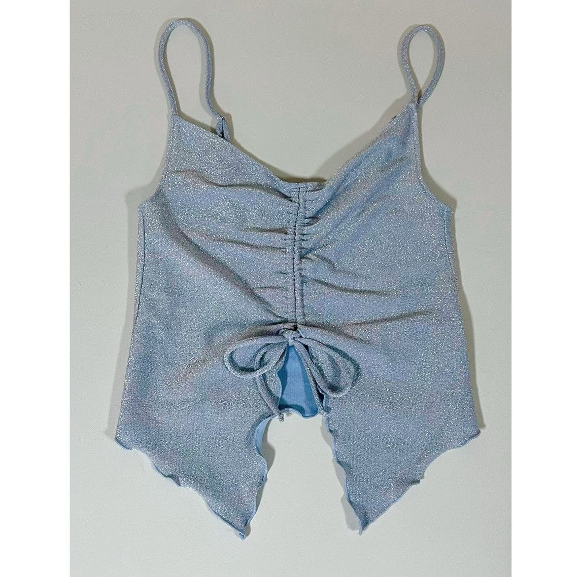 Vintage Light Blue Pastel Glitter Ruched Tie-Front Top Shirt XS 🩵 Size XS / US 0-2 / IT 36-38 - 3 Thumbnail