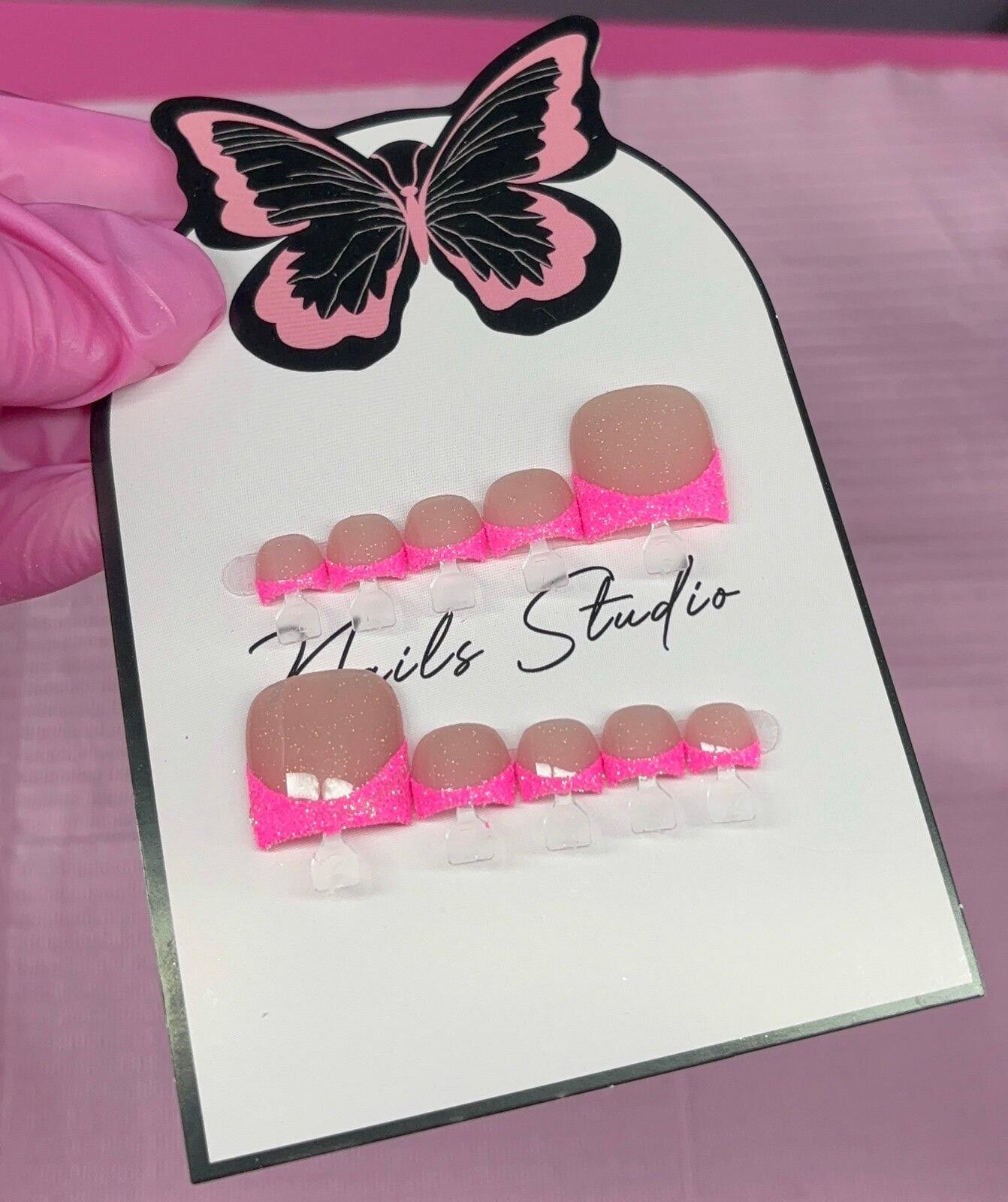Handmade Press on toenails pink glitter French tips handmade custom Size ONE SIZE - 9 Thumbnail