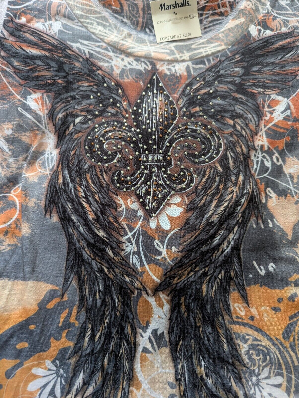 Other Womens LS Top Shirt Rust Orange Gray Fleur De Lis Sequins Size L / US 10 / IT 46 - 3 Thumbnail
