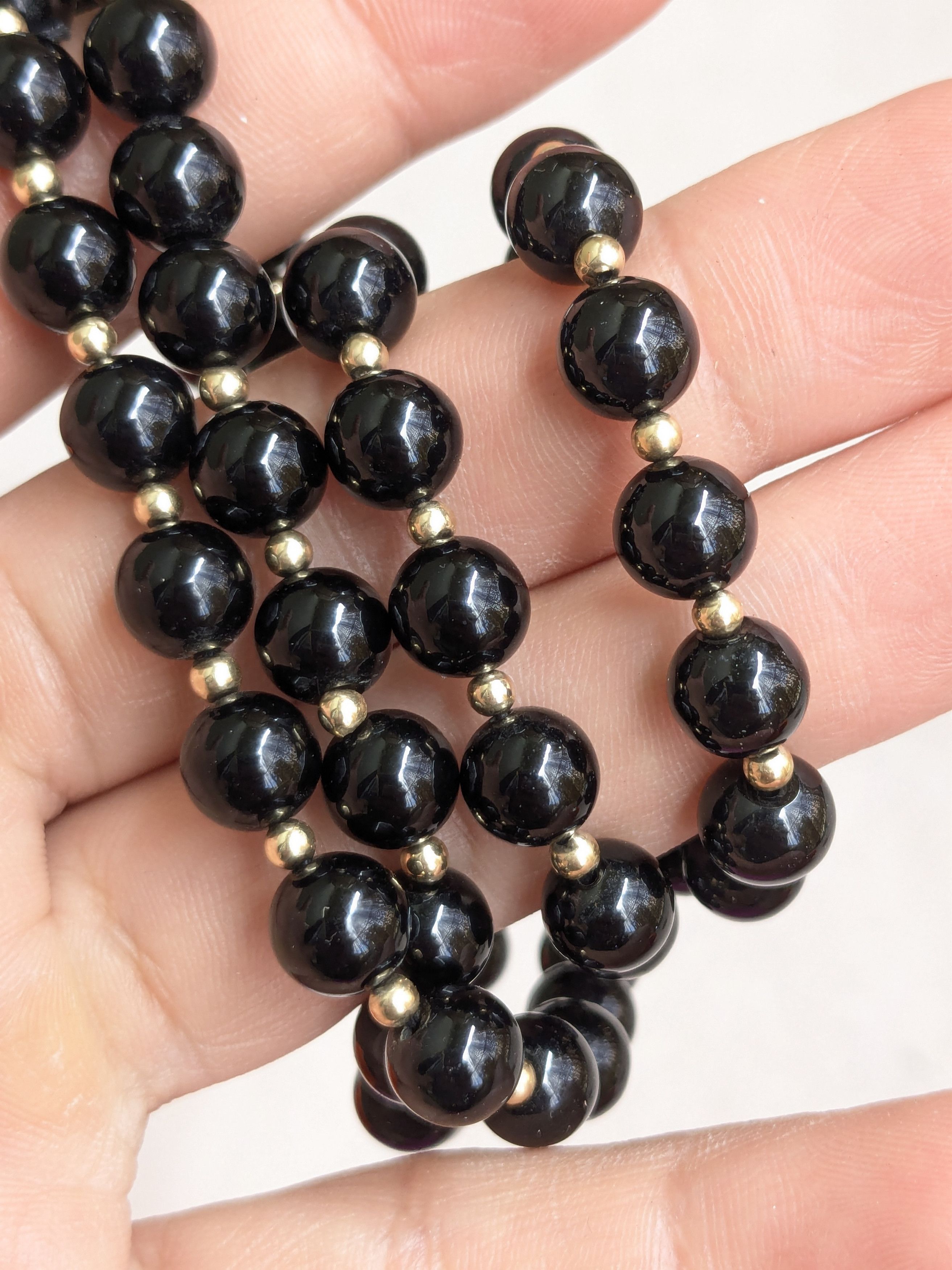 Vintage Black onyx 13k gold necklace 30" Beads Round Sphere Size ONE SIZE - 9 Thumbnail