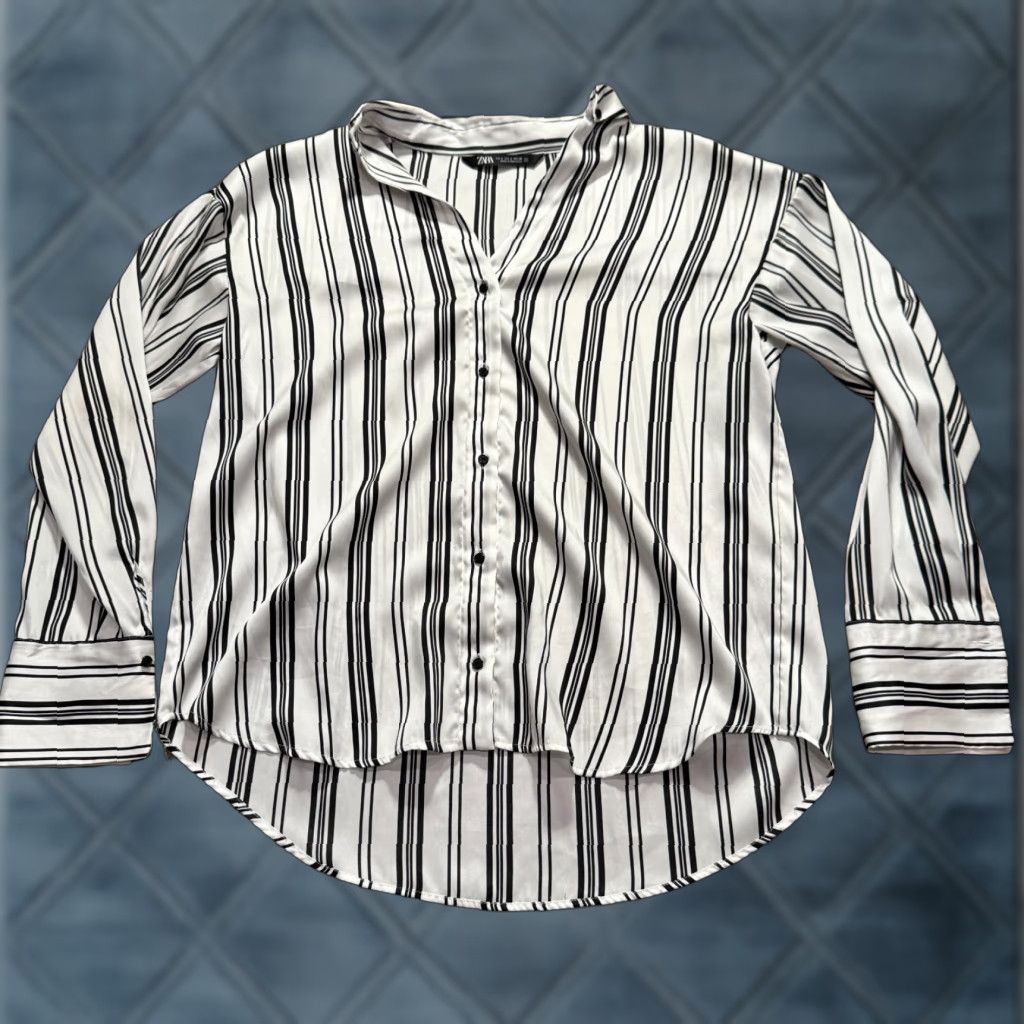 Zara Zara Shirt Womens Small Black White Stripe Satin Button Up Long Sleeve Top Adult Size S / US 4 / IT 40 - 1 Thumbnail