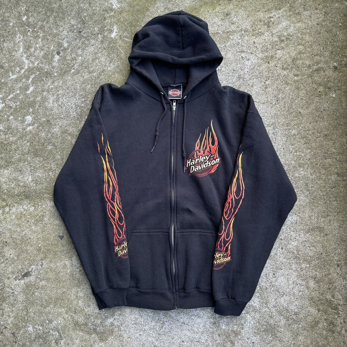 image of 90's Harley Davidson Motor City Flame Hoodie in Black, Men's (Size Large)