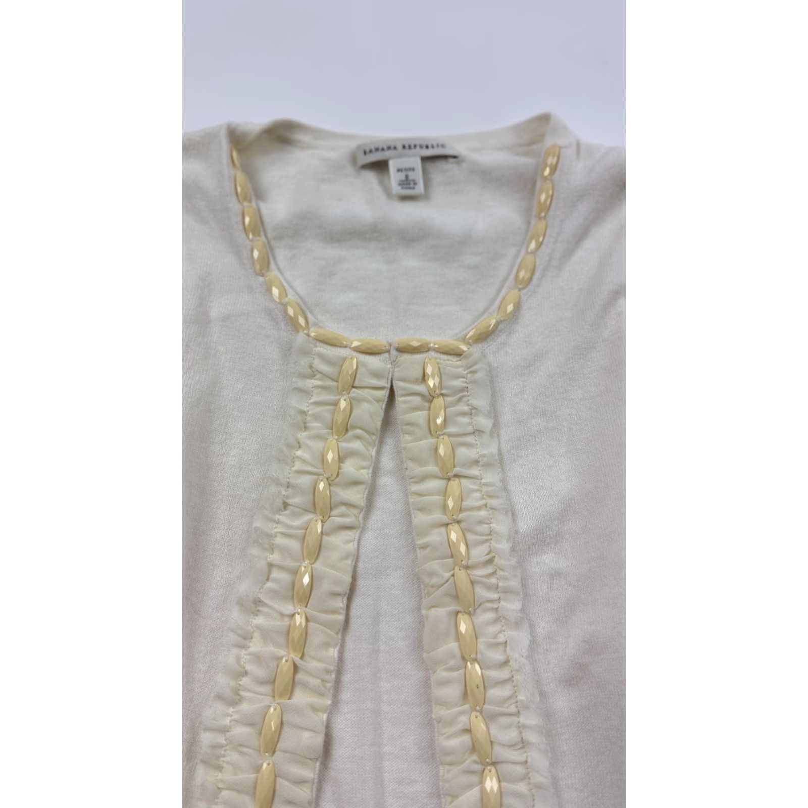 Banana Republic Banana Republic Cardigan Sweater Womens Petite Small Ivory Beaded Open Front Long Sleeve Ruched Trim Size S / US 4 / IT 40 - 7 Thumbnail
