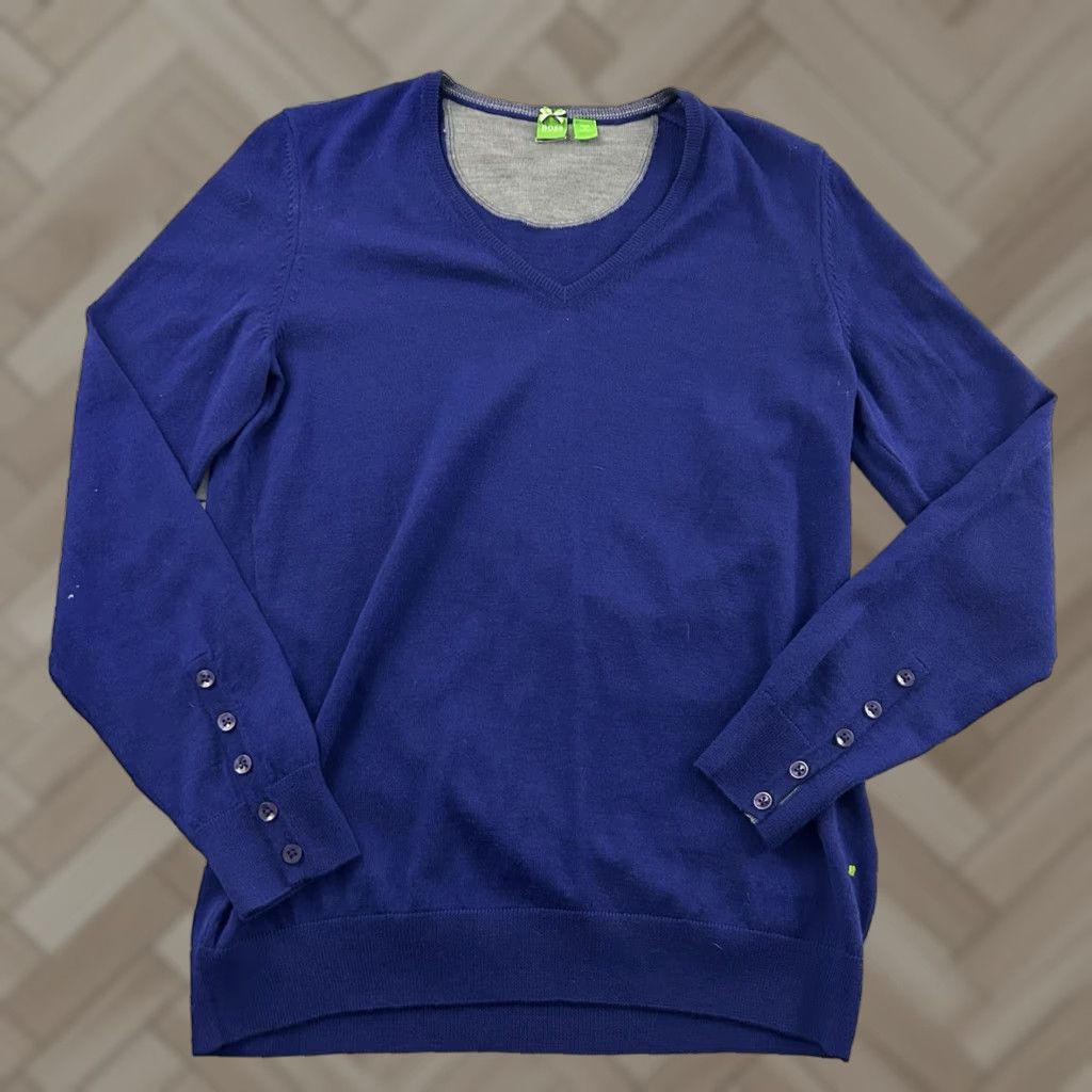 Hugo Boss HUGO BOSS 100% Wool V-Neck Sweater Women's Large Blue Pullover Size L / US 10 / IT 46 - 1 Thumbnail