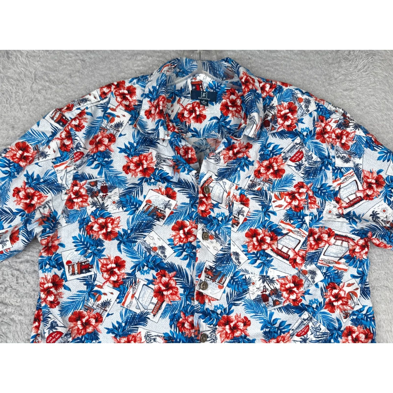 George George Button-Up Shirt Adult Medium White Floral Hawaiian Rayon Casual Mens Size US M / EU 48-50 / 2 - 4 Thumbnail