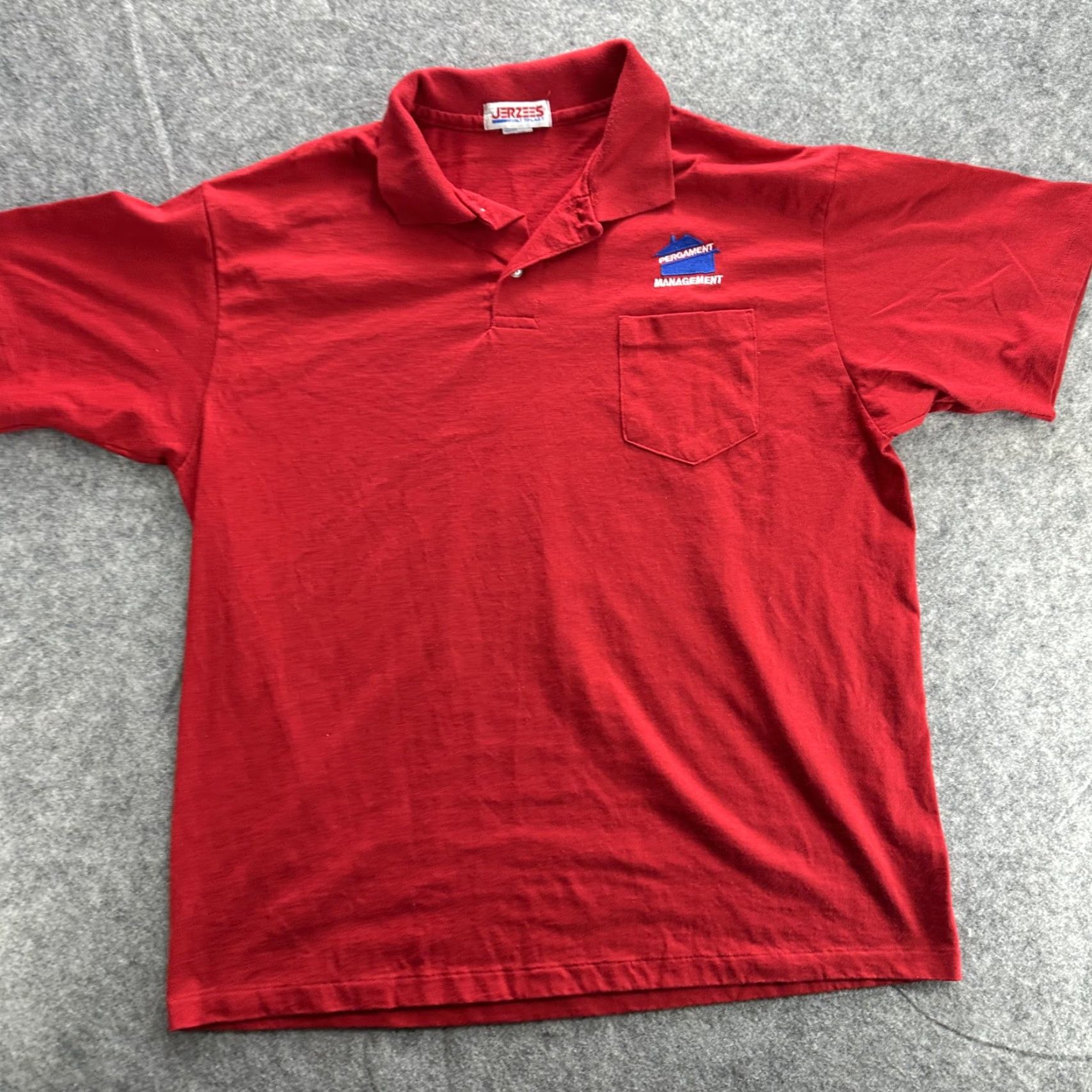 Jerzees VINTAGE Jerzees Polo Shirt Mens XL Pergament Management Pocket Embroidered USA Red Polo Shirt Work Mens XL Red Size US XL / EU 56 / 4 - 2 Thumbnail