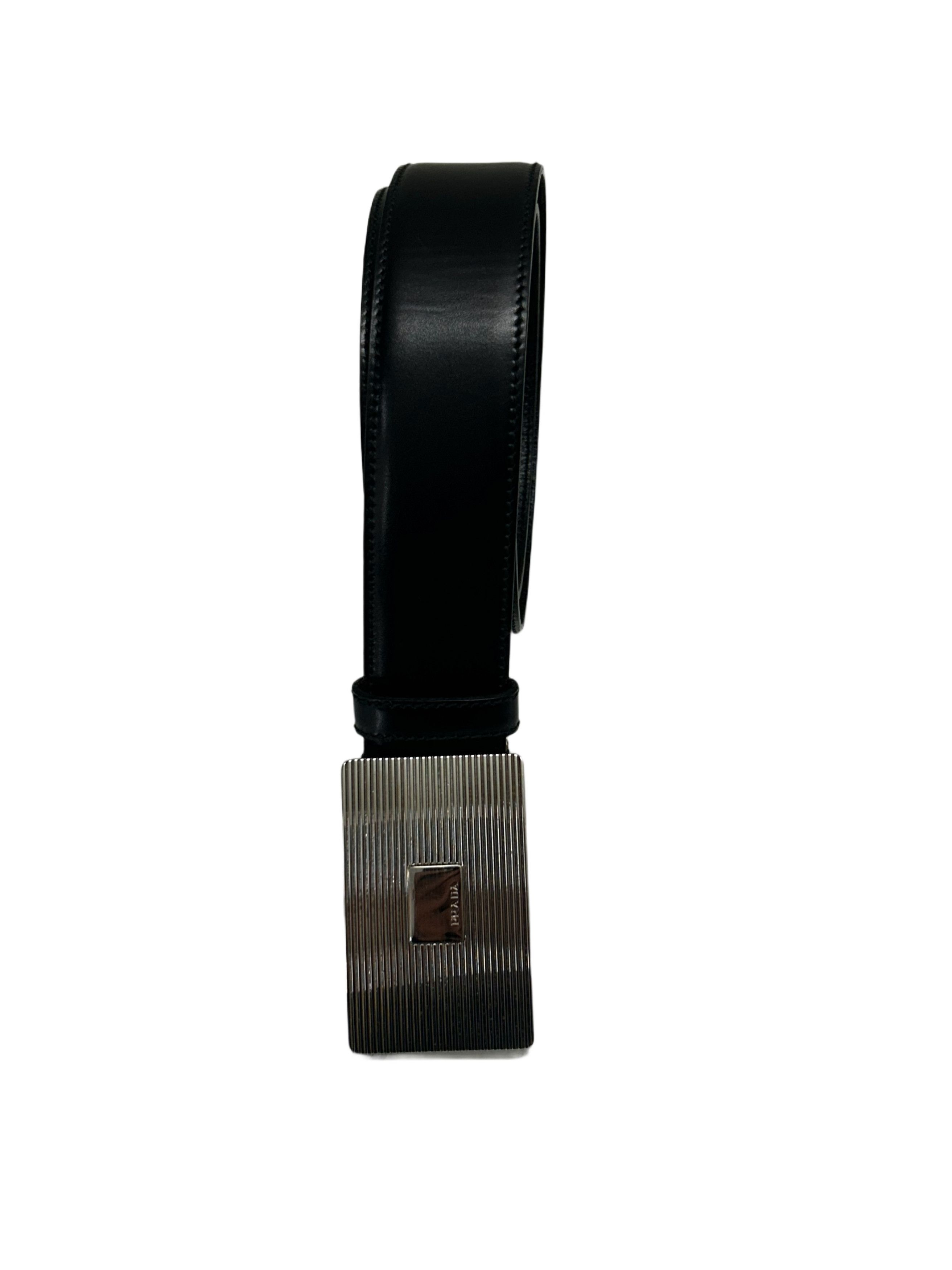 Prada Prada Black Polished Leather BeltWithLaserEtchedShieldBuckle Size 38 - 1 Thumbnail
