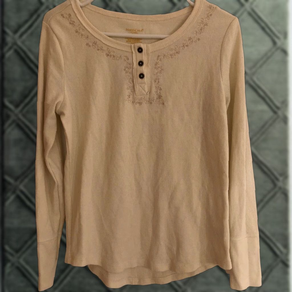 Vintage Womens NorthCrest Henley Shirt S Ivory Ribbed Knit Long Sleeve Blouse Casual Basic Sweatshirt? Size S / US 4 / IT 40 - 1 Thumbnail