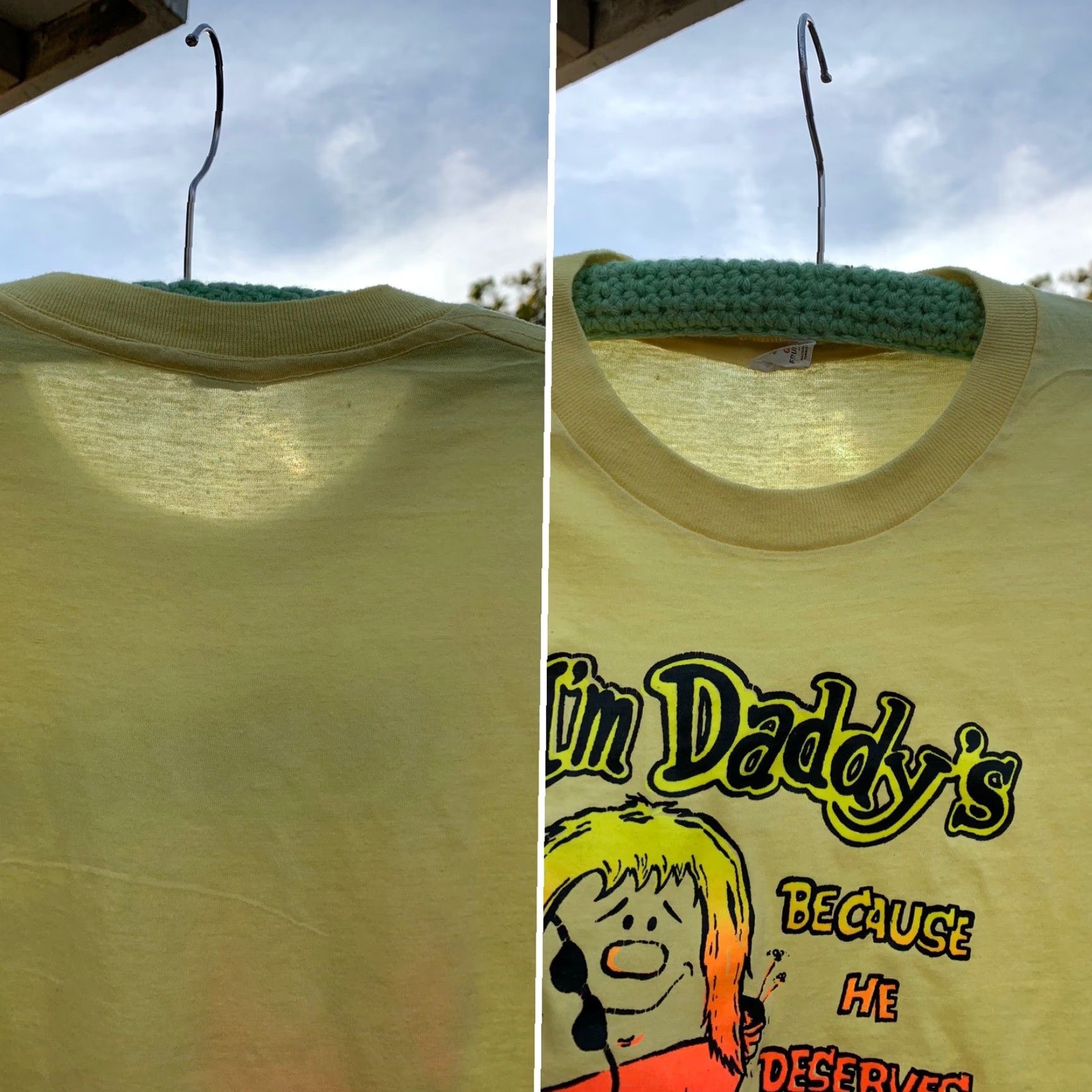 Fruit Of The Loom VINTAGE Im Daddys Because He Deserves The Best iron on graphics t shirt 1970s L Fruit of the Loom Yellow Neon graphic tee Mens Womens Boys Girls 1970s Size US L / EU 52-54 / 3 - 2 Thumbnail