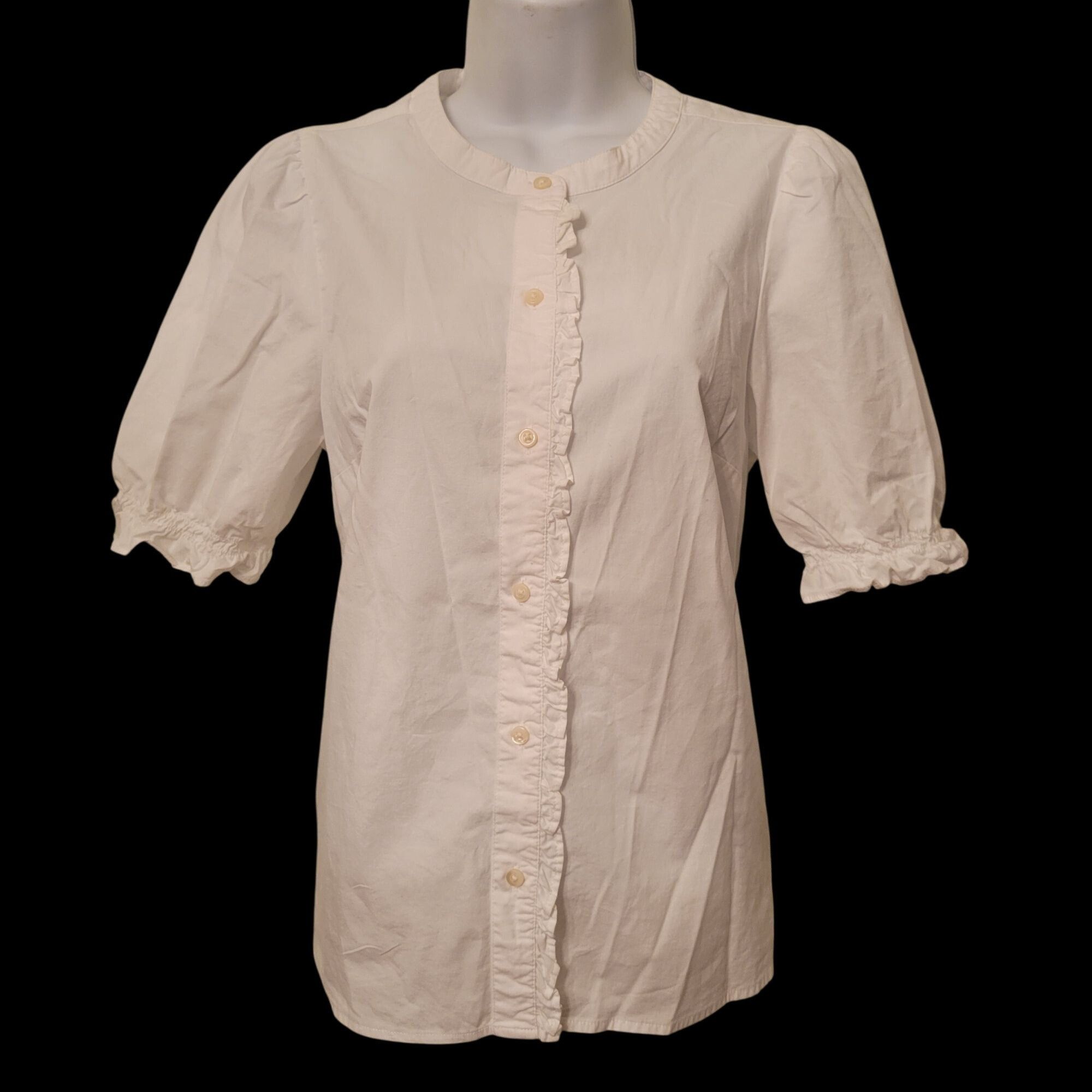 J.Crew J Crew White Puff Sleeve Cotton Blouse S Ruffle Trim Career Size S / US 4 / IT 40 - 1 Thumbnail