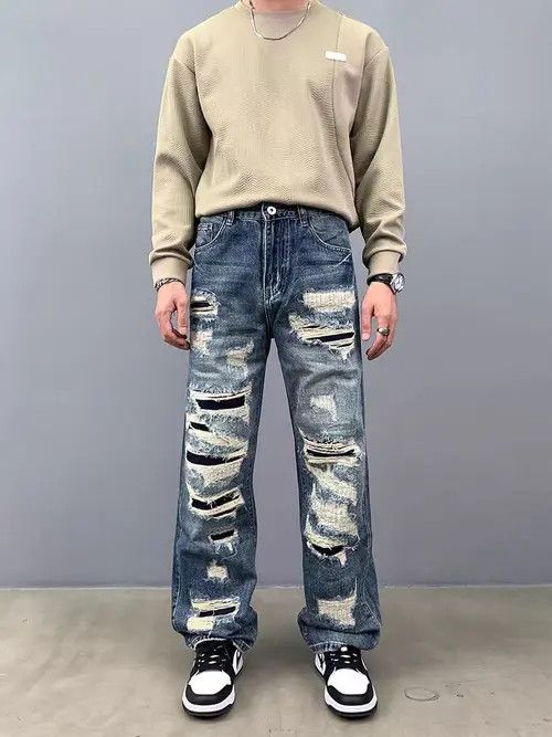 Japanese Brand Vintage washed and worn patched loose hip hop jeans Size US 36 / EU 52 - 4 Thumbnail