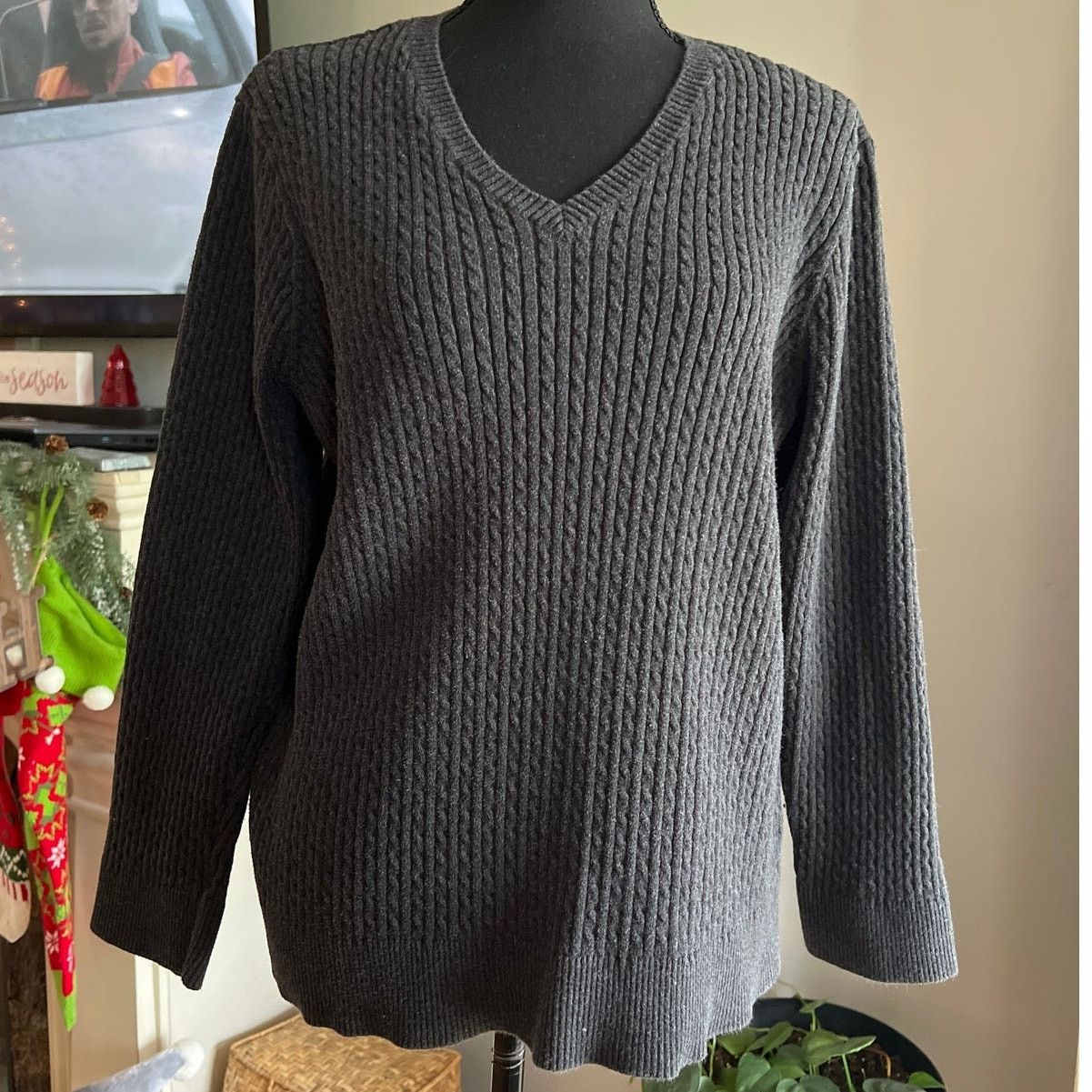 Other Pria Woman Cable Knit V-neck Gray Sweater Plus size 2X Size XXL / US 16-18 / IT 52-54 - 1 Thumbnail