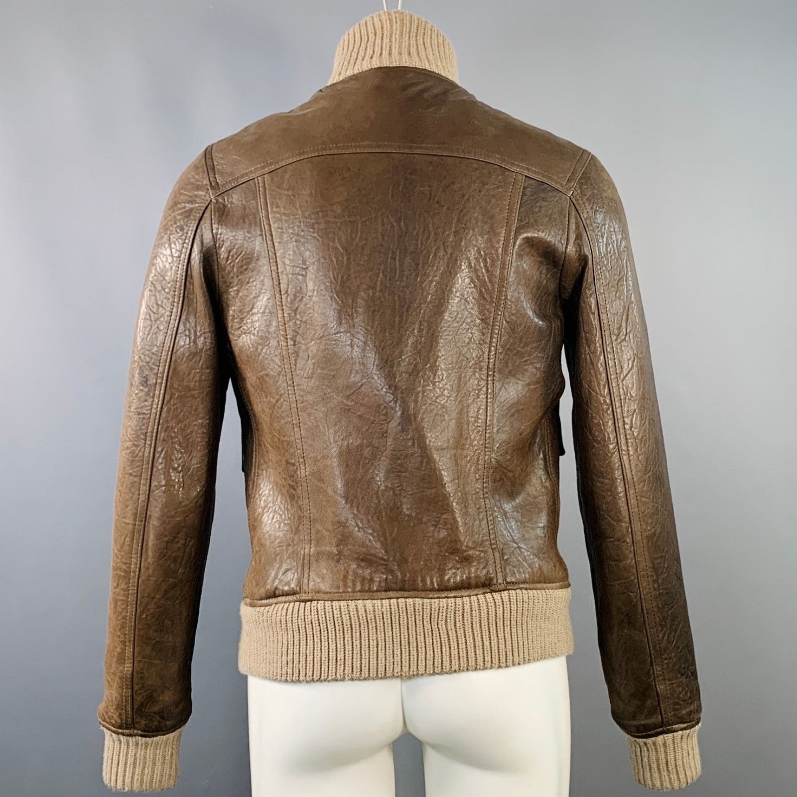 Daniele Alessandrini Size S Brown Ribbed Leather Bomber Jacket Size US S / EU 44-46 / 1 - 4 Thumbnail