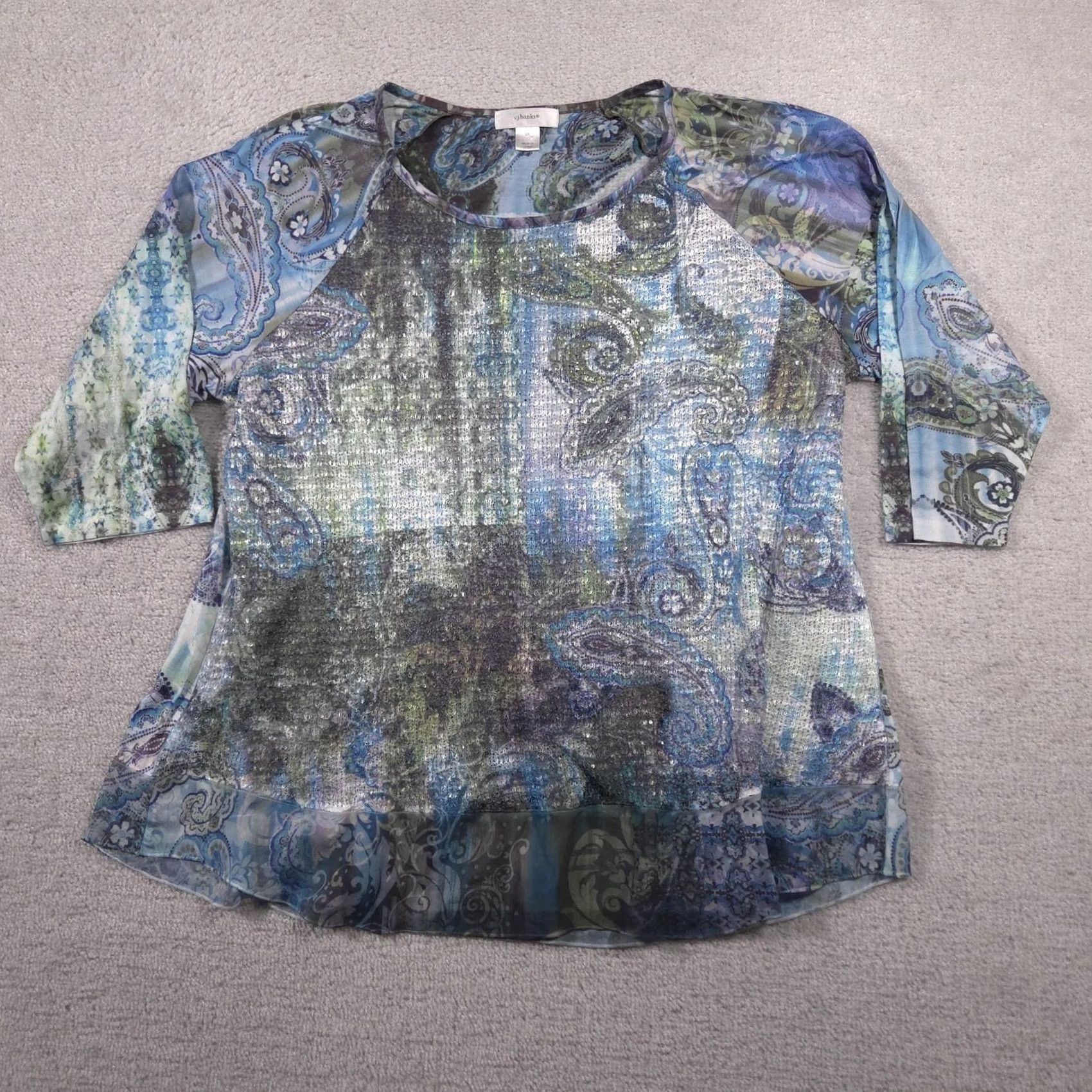 Vintage CJ Banks Shirt Womens 2X Plus Blue Paisley Embellished 3/4 Sleeve Sheer Tunic Shirt Size XXL / US 16-18 / IT 52-54 - 2 Thumbnail