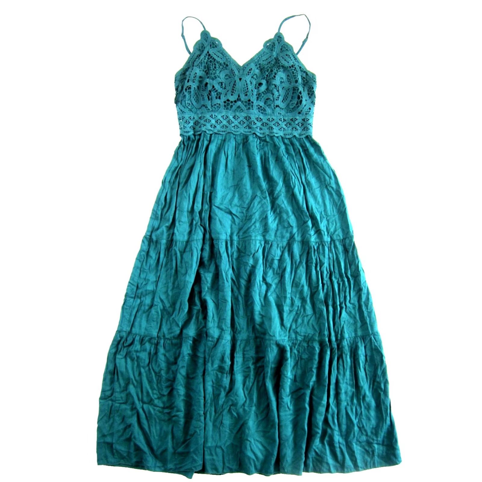 Vintage Dokuritu Emerald Green Rayon Crochet Spaghetti Strap Midi Beach Boho Dress M Size M / US 6-8 / IT 42-44 - 2 Thumbnail
