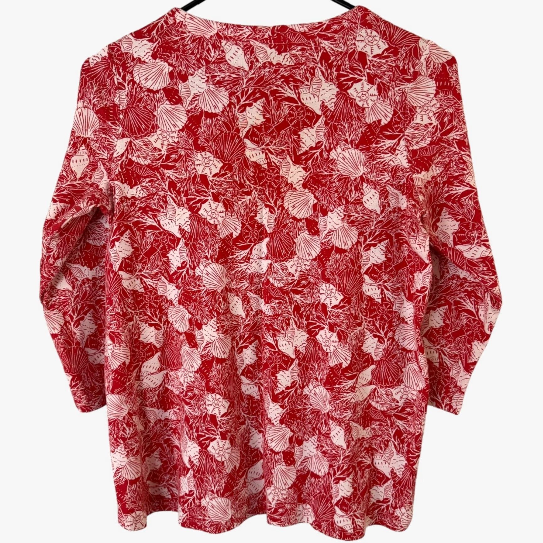 J. Jill VINTAGE J.Jill Pima Shell Print 3/4 Sleeve Scoop-Neck Tee Shirt Red Womens Petite Small Beachy Size S / US 4 / IT 40 - 4 Thumbnail