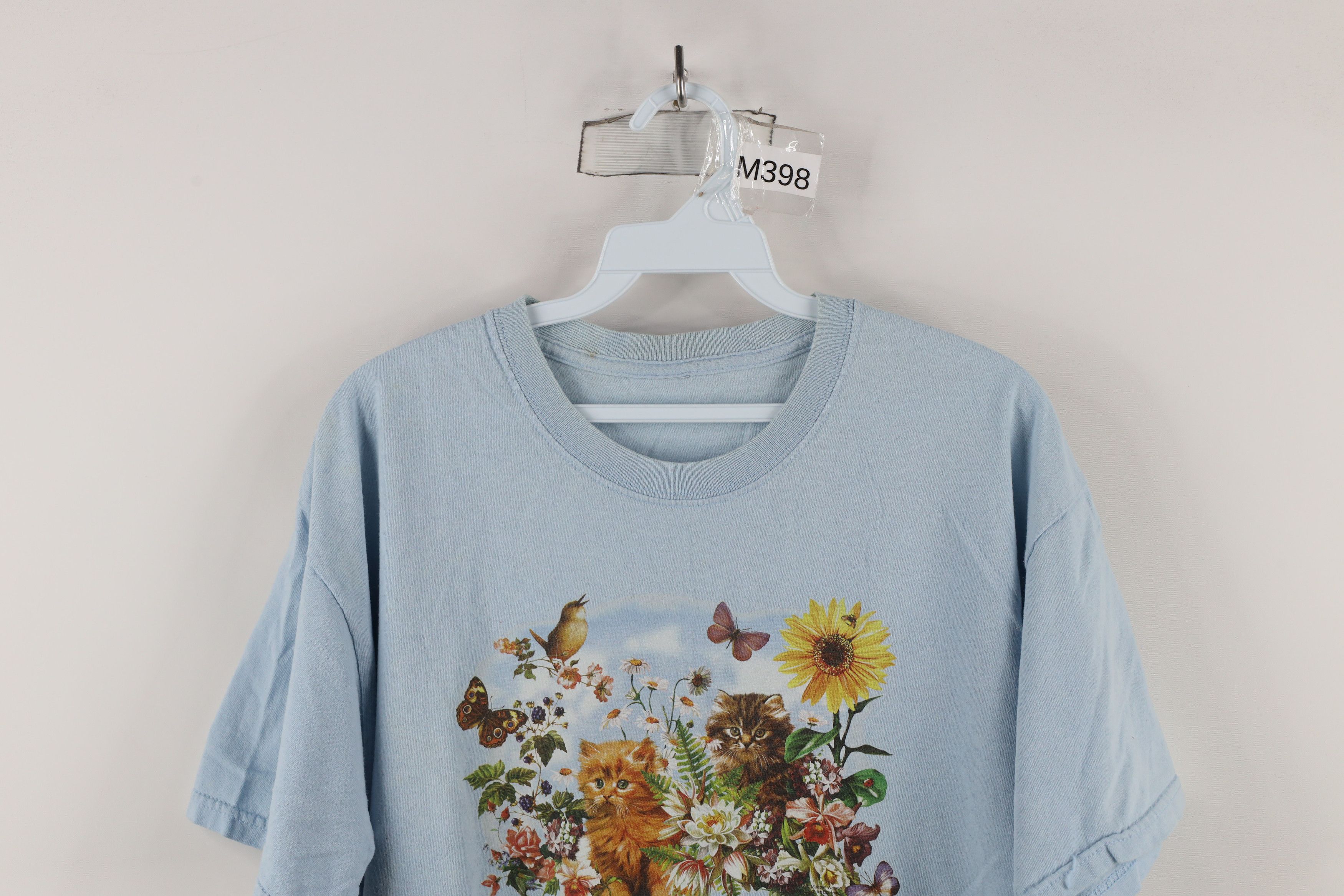Vintage Vintage 90s Streetwear Flower Cat Kitten T-Shirt Blue Size L / US 10 / IT 46 - 2 Thumbnail