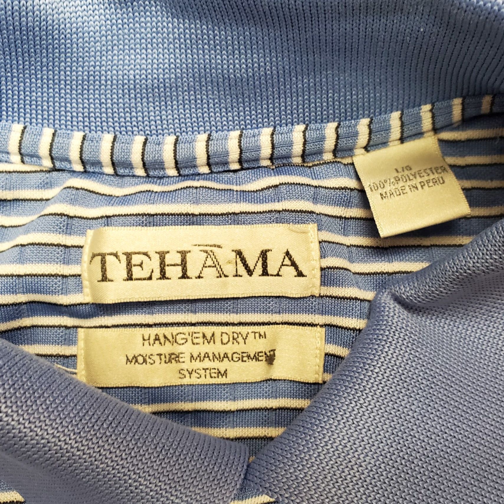 Vintage Tehama Shirt Mens L Blue Striped 100% Polyester Casual Performance Golf Polo Knit Button Collared Short Sleeve Mens Clothing Size US L / EU 52-54 / 3 - 8 Thumbnail
