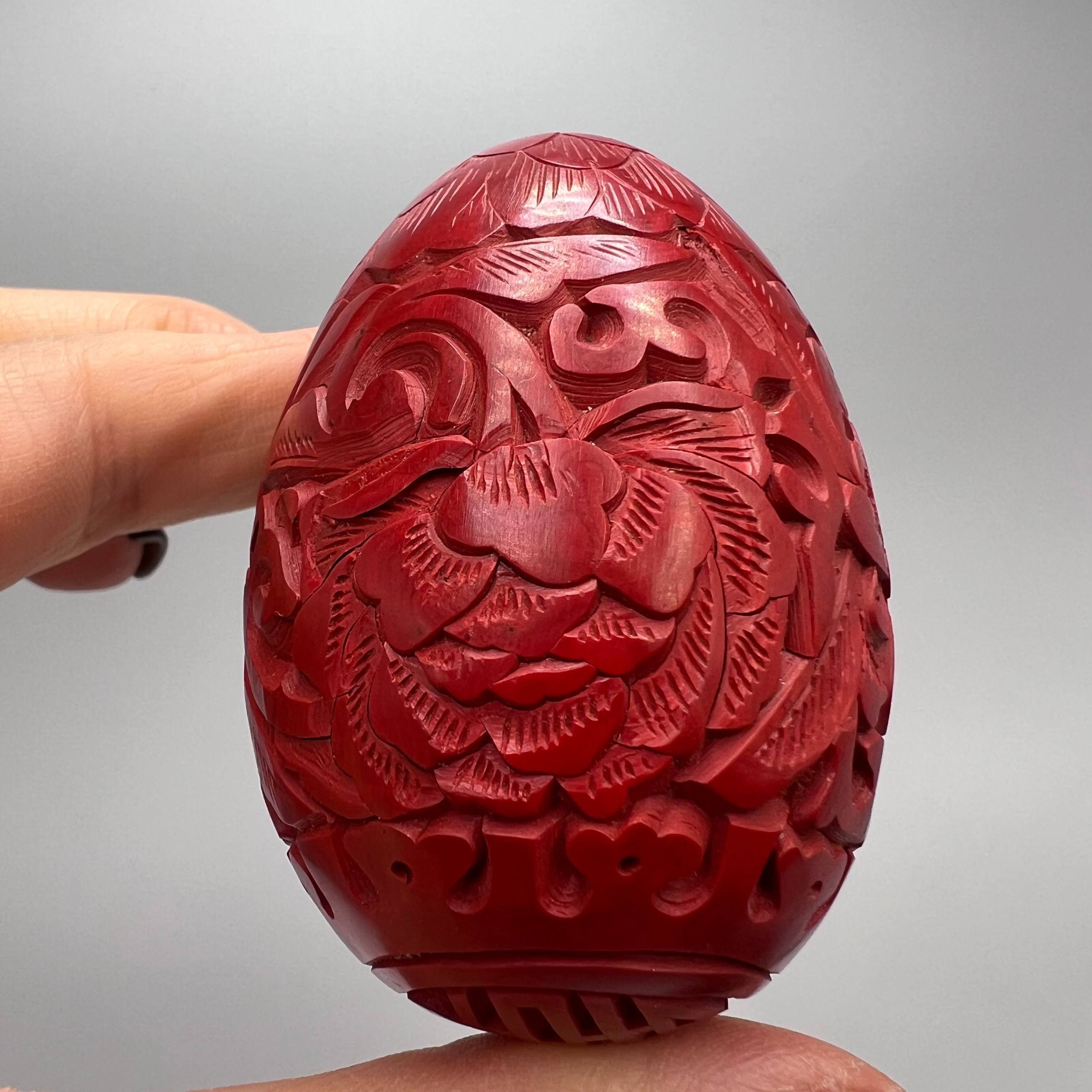 Vintage Vintage Chinese Red Carved Wooden Egg Cinnabar Style Floral Size ONE SIZE - 1 Thumbnail