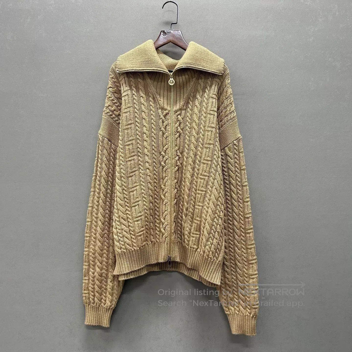 Versace Beige Cable Knit Zip-Up Sweater. Size US L / EU 52-54 / 3 - 1 Thumbnail