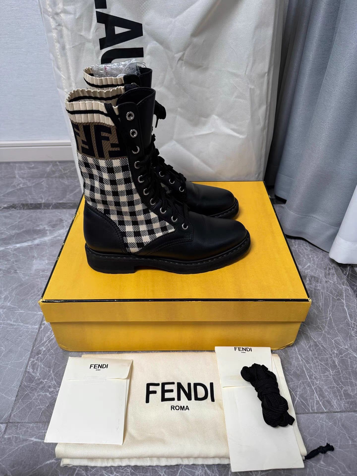 Fendi Fendi Black & White Checkered Jacquard Ankle Boots K6 Size US 6 / IT 36 - 8 Thumbnail