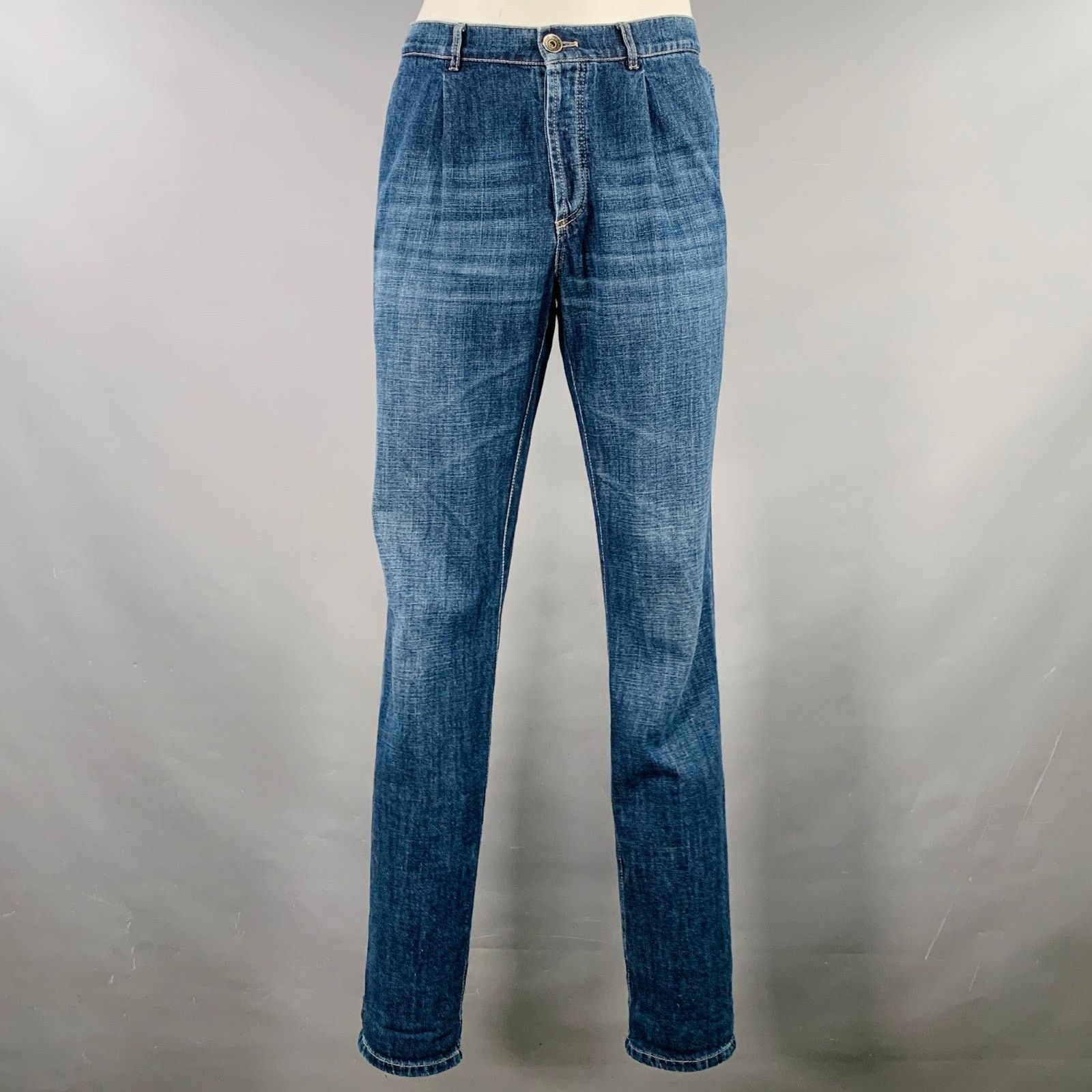 Brunello Cucinelli 35 Indigo Contrast Stitch Denim Straight Jeans Size US 35 - 1 Thumbnail