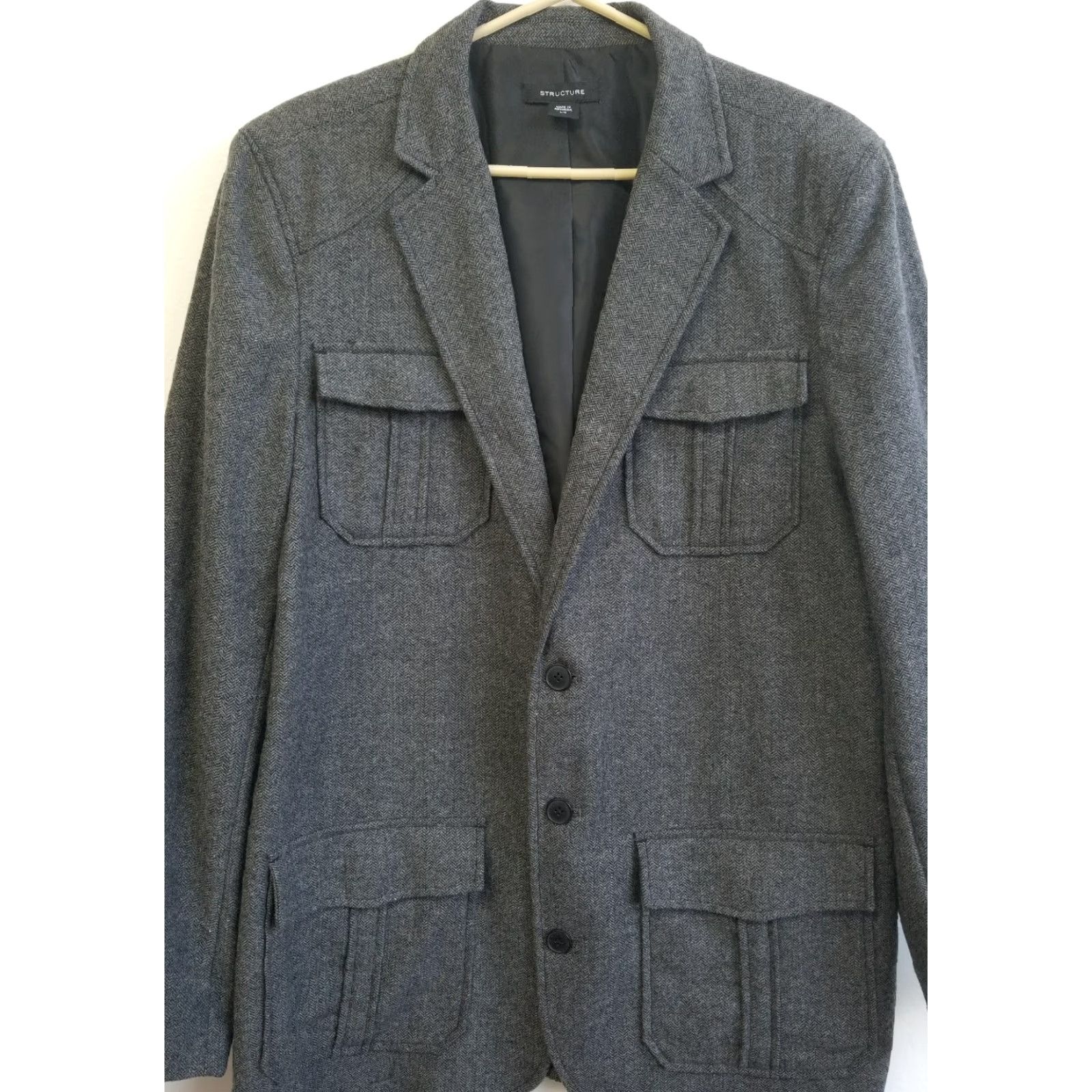 Vintage Structure Men’s Modern Fit Sports Jacket Blazer Herringbone Black Onyx Size large Size 42R - 2 Thumbnail