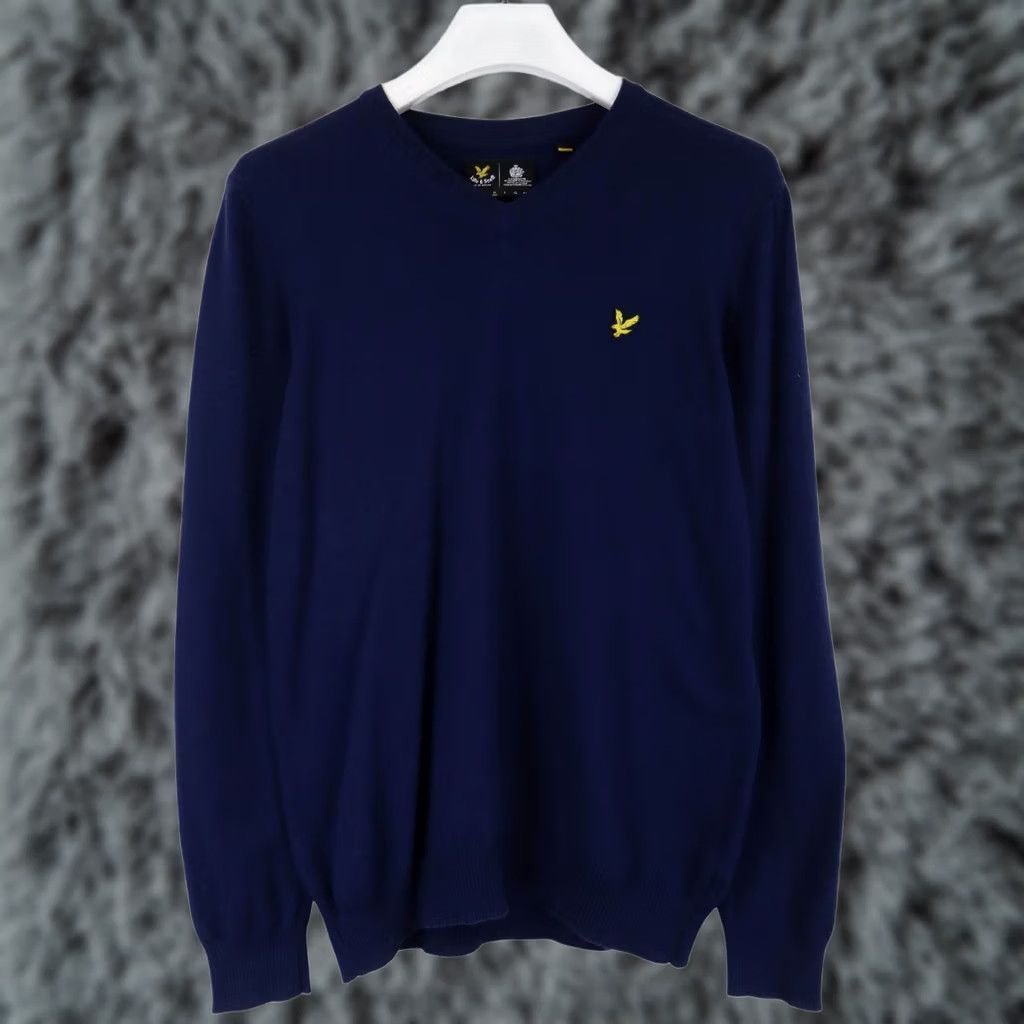 Lyle & Scott LYLE & SCOTT Jumper Men's MEDIUM Navy Blue Logo V-Neck Pullover Merino Blend Size US M / EU 48-50 / 2 - 1 Thumbnail