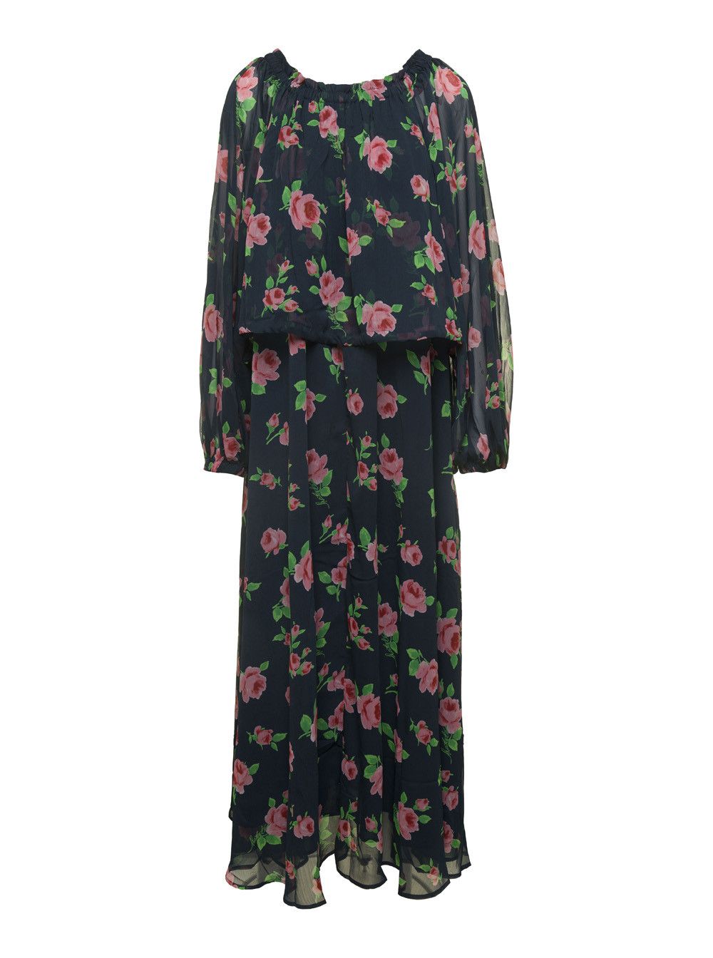 Maxi Multicolor Dress with All-Over Roses Print in Chiffon Woman