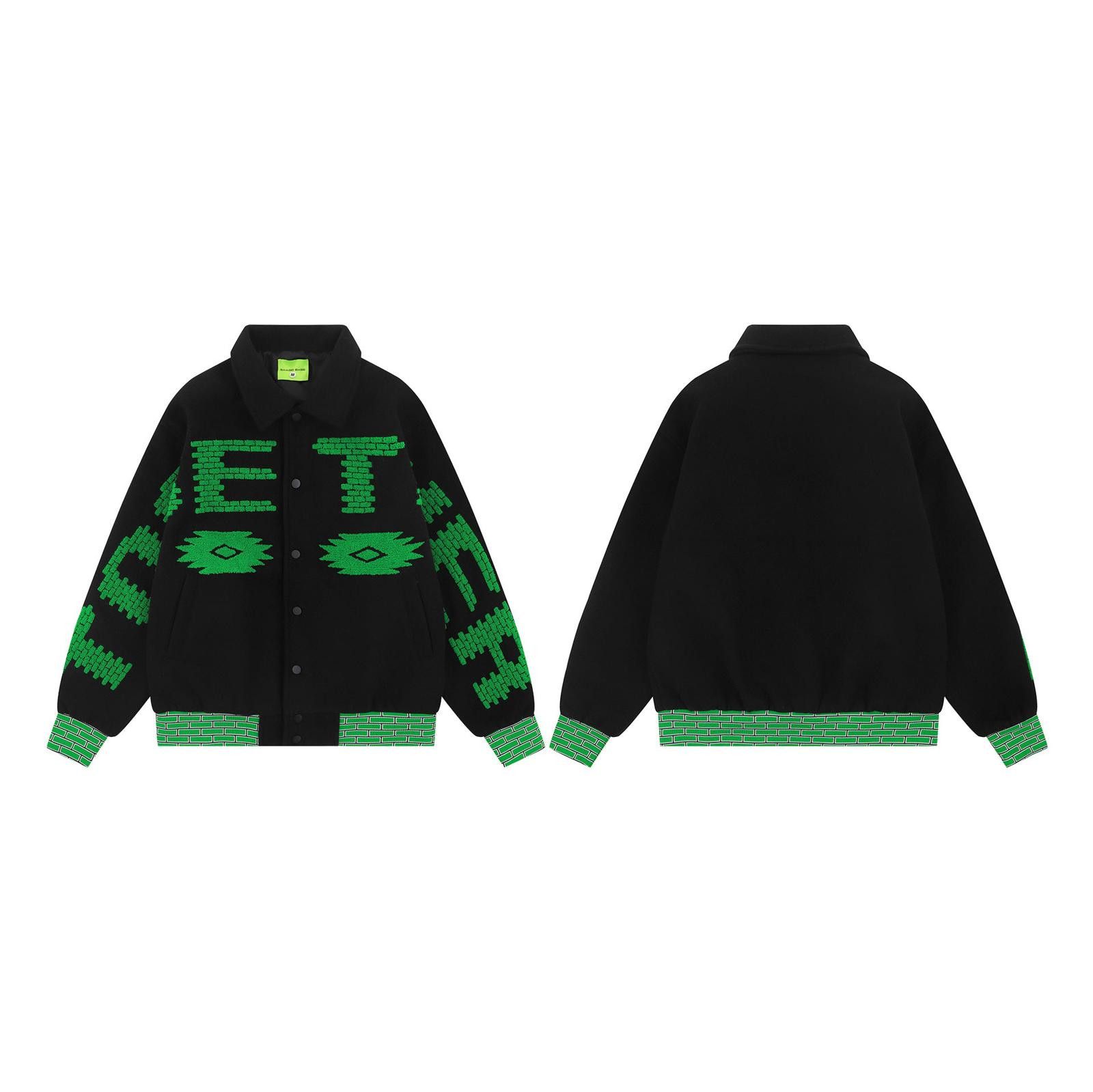 Japanese Brand Black Wool Varsity Jacket with Green Brick Pattern Size US M / EU 48-50 / 2 - 5 Thumbnail