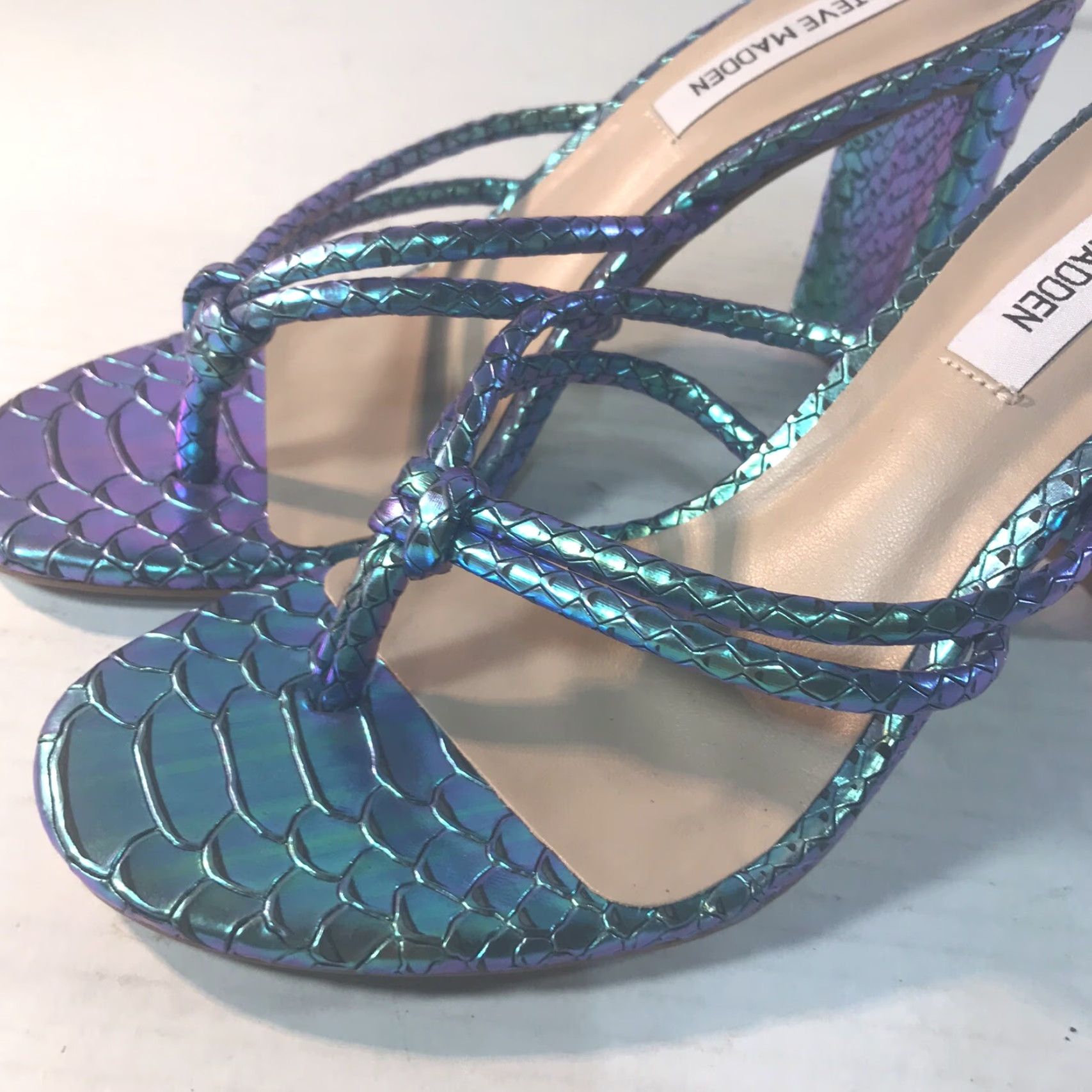 Steve Madden Steve Madden Unreal Iridescent Women's Leather Strappy Thong Heels Size 7B High Block Heel Summer Modern Going Out Size US 7 / IT 37 - 8 Thumbnail