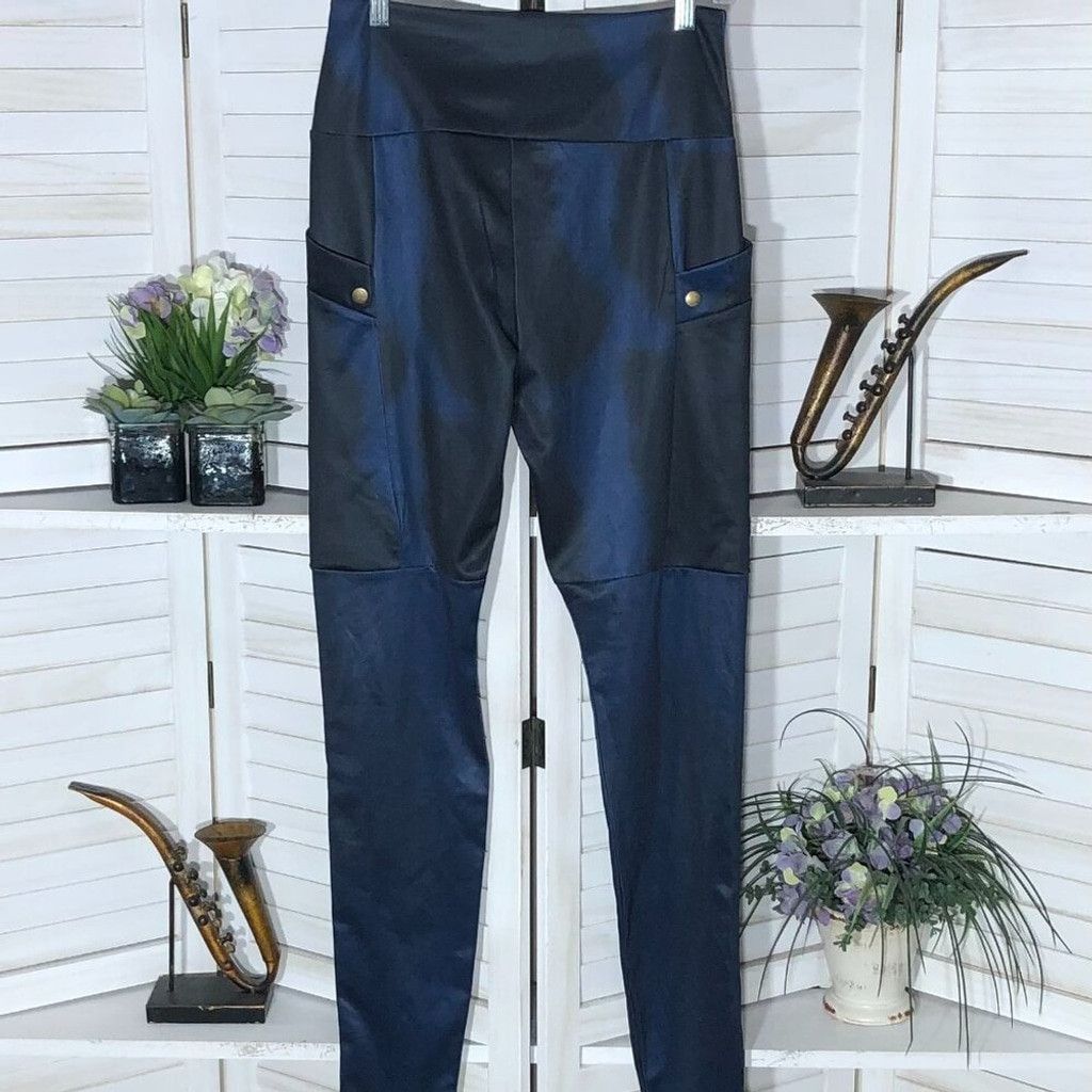Vintage Y2K style punk goth leggings snap buttons blue black Sz M Size 24" / US 00 / IT 34 - 2 Thumbnail