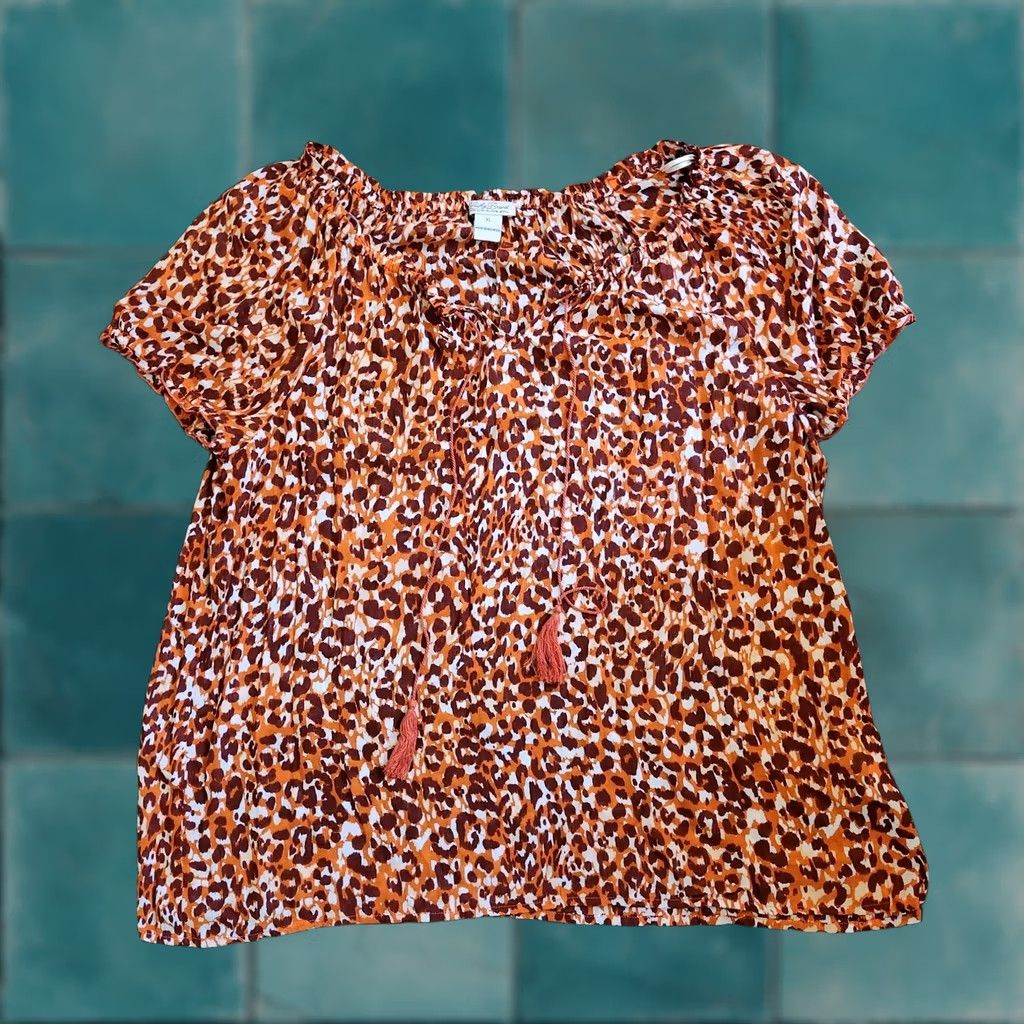 Lucky Brand Lucky Brand Leopard Cheetah Print Blouse W/ Tassel - Size XL, Multicolor, Short Sleeve, Rayon, Pullover, Regular Fit, Women's Blouse Size XL / US 12-14 / IT 48-50 - 1 Thumbnail