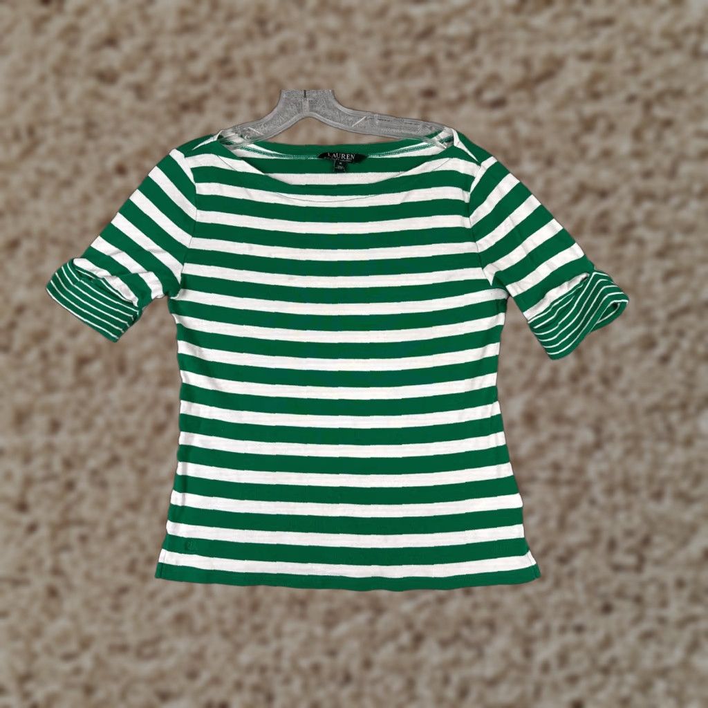 Tommy Hilfiger Tommy Hilfiger Green White Stripe Boat Neck Shirt Women Medium Casual Activewear Size M / US 6-8 / IT 42-44 - 1 Thumbnail
