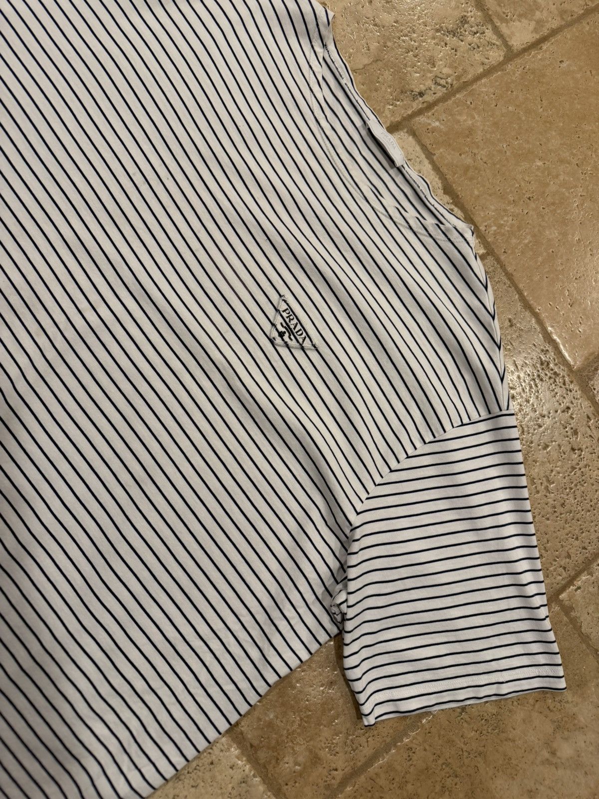 Prada Prada Striped Navy White Cotton Triangle Logo T-Shirt Size US XXL / EU 58 / 5 - 7 Thumbnail