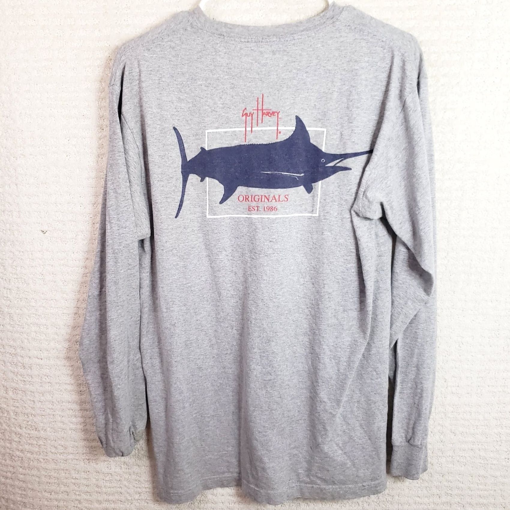 Guy Harvey Guy Harvey Long Sleeve T-Shirt Men's M Gray Marlin Back Logo Graphic Crew Neck Jersey Cotton Polyester Spandex Classic Fit Size US M / EU 48-50 / 2 - 5 Thumbnail