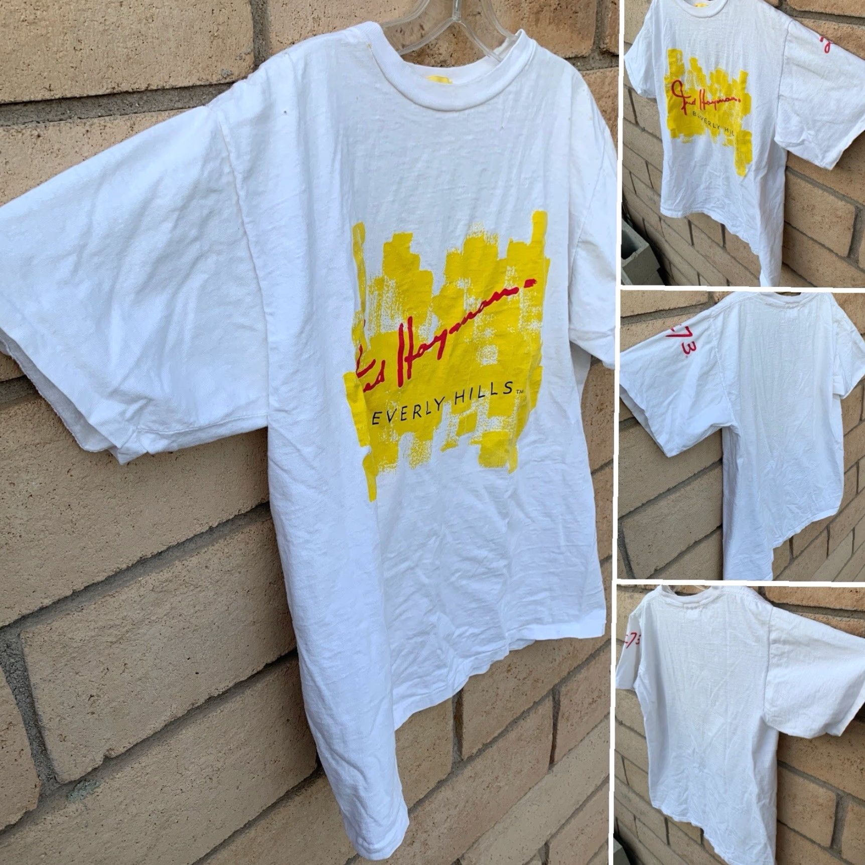 FRED VINTAGE Fred Hayman Beverly Hills T-Shirt One Size White 80s California Graphic Print Single Stitch Mens Womens Unisex Adults Size US M / EU 48-50 / 2 - 4 Thumbnail