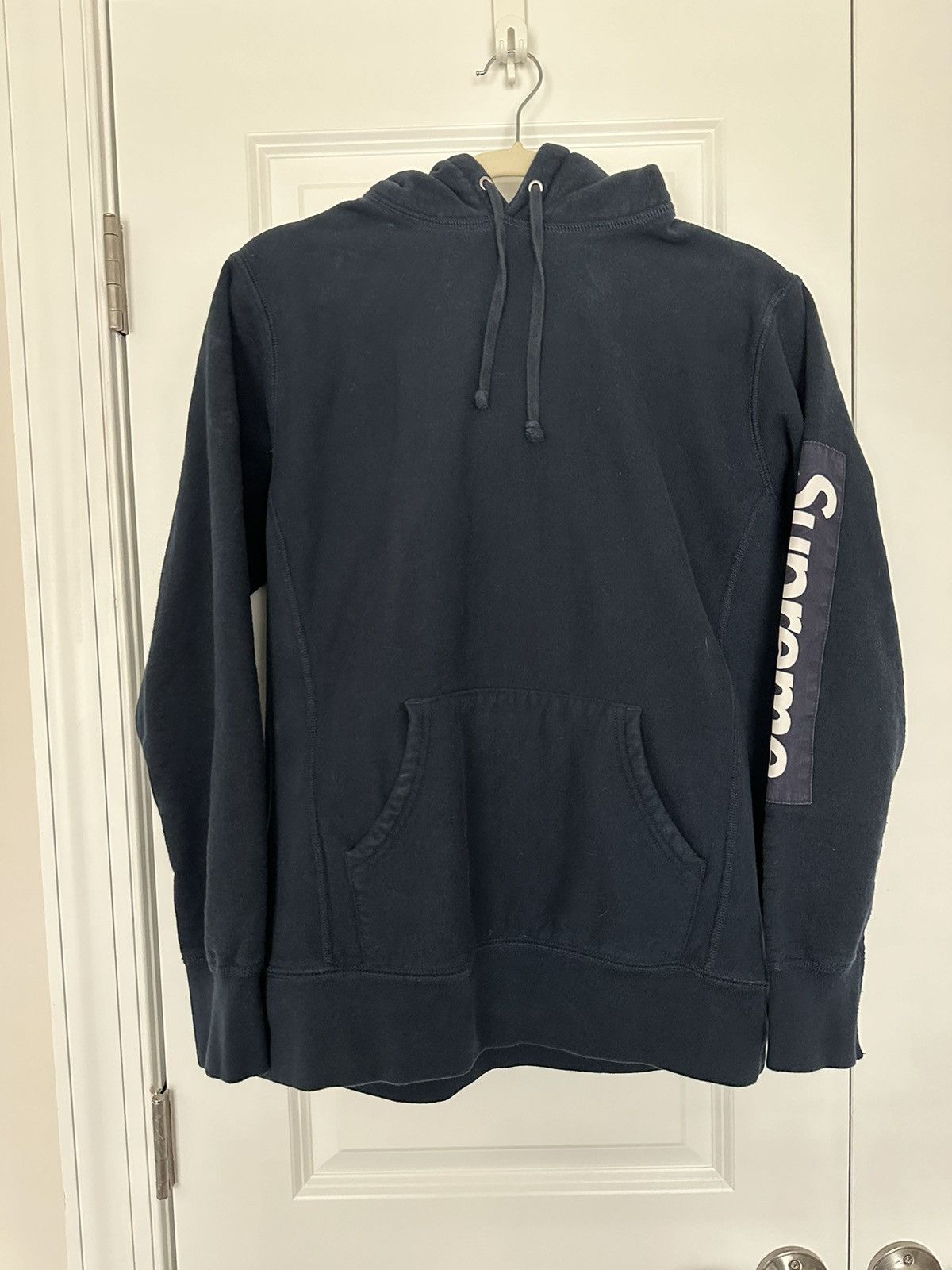 image of Supreme Fw17 Sleeve Patch Box Logo Hoodie in Blue, Men's (Size Small)