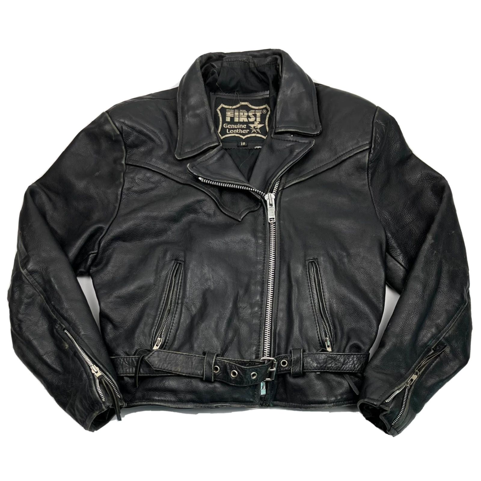 Vintage VINTAGE First Leather Jacket Motorcycle 18 Black Zip 90s Side Belted Collared Full Zip Unisex Adults Mens Womens Size US XXL / EU 58 / 5 - 2 Thumbnail
