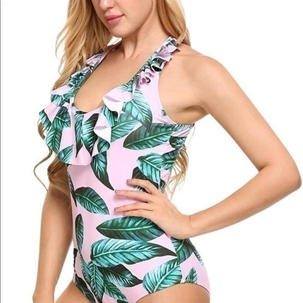 Designer Ruffle one piece swimsuit- palm leaf print Size ONE SIZE - 3 Thumbnail
