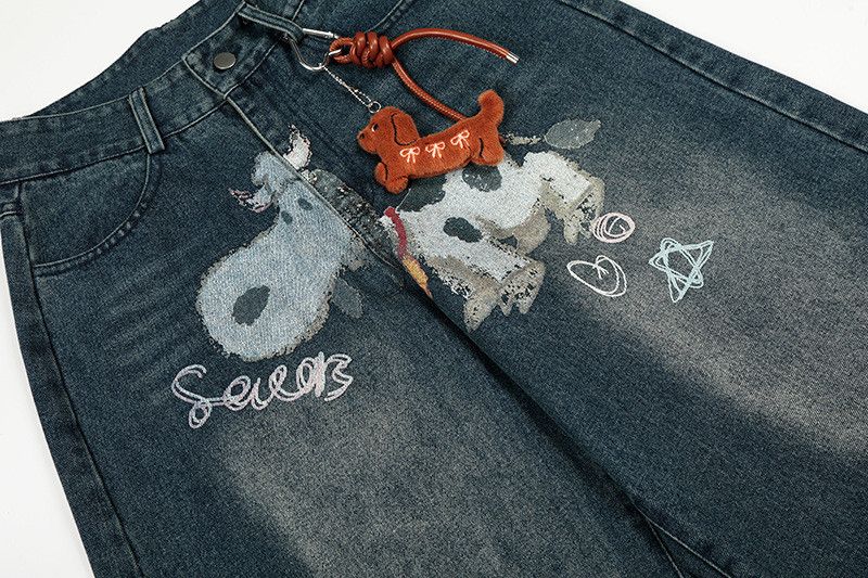 Jean American-style fun cow print washed curved jeans Size US 32 / EU 48 - 4 Thumbnail