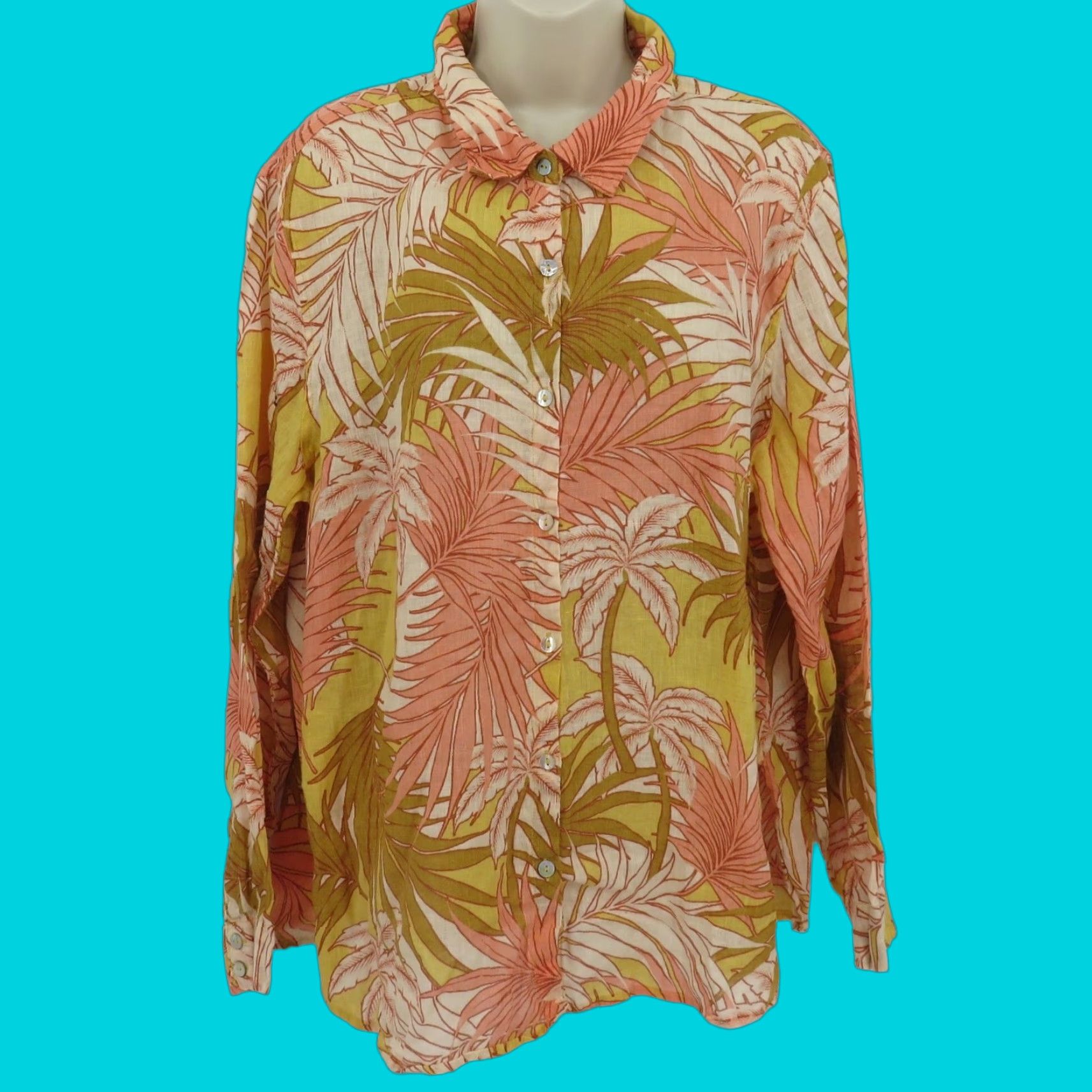 Vintage Tahari Shirt Women's XL Orange Linen Collared Button Long Sleeve Tropical Floral Autumn Spring Summer Winter Holiday Workwear Dressy Casual Size XL / US 12-14 / IT 48-50 - 1 Thumbnail