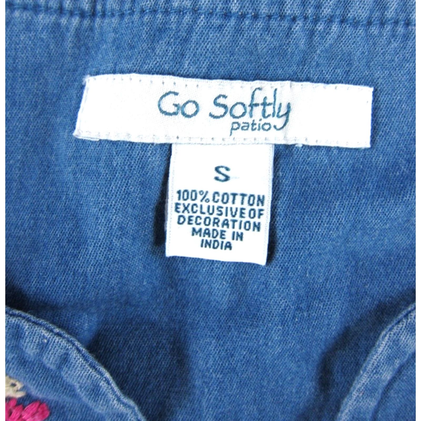 Denime VINTAGE Go Softly Patio Cotton Blue Denim Pink Floral Embroidered Pocket Dress S Size S / US 4 / IT 40 - 5 Thumbnail