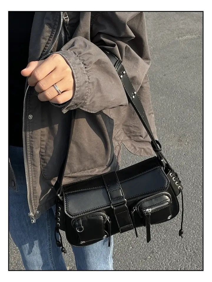 Japanese Brand Shoulder zipper bag Gothic Punk Style PU Leather Tote Bag Size ONE SIZE - 3 Thumbnail