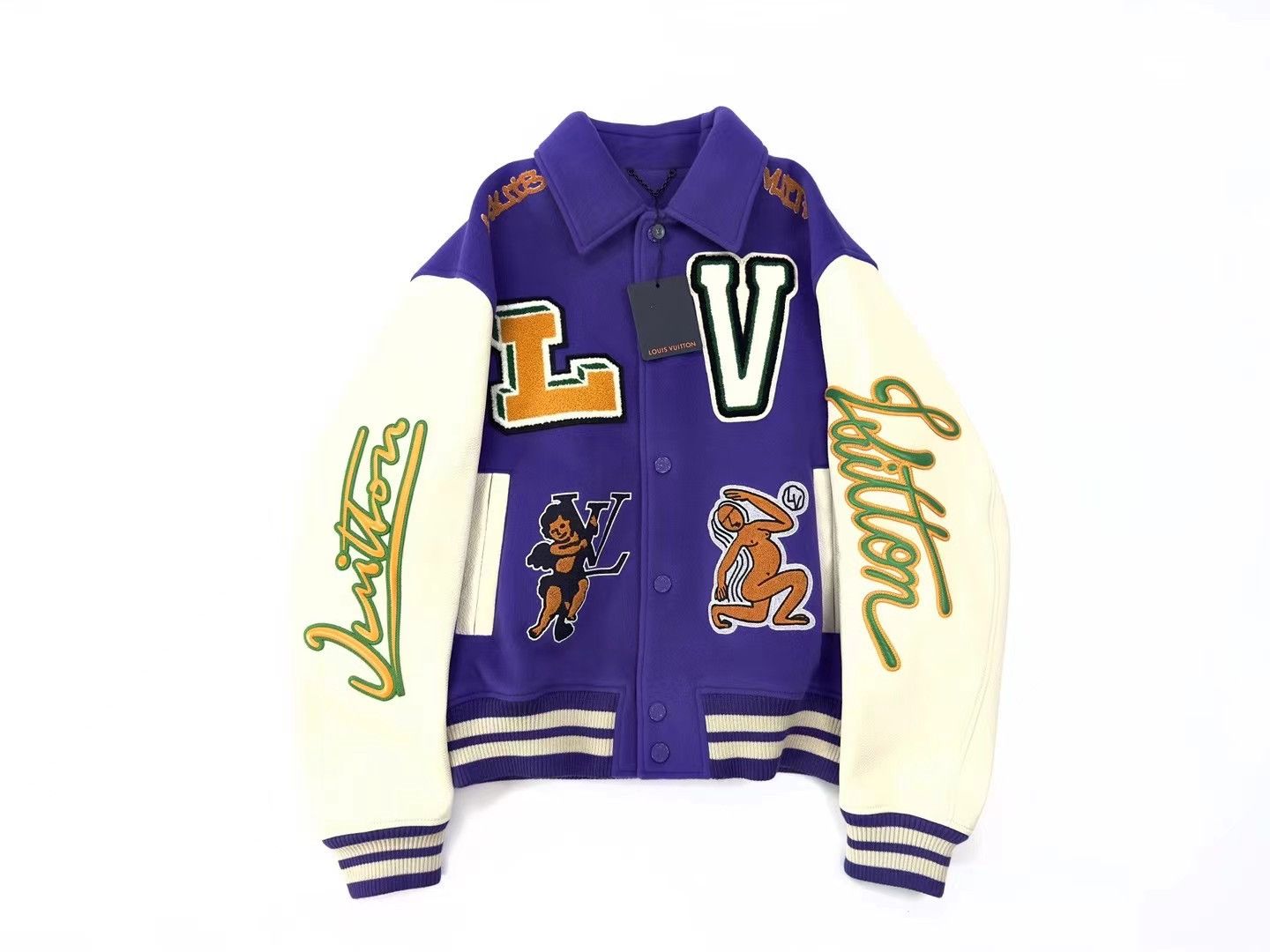 image of Louis Vuitton x Virgil Abloh Multi-Patches Mixed Leather Varsity Blouson in Purple (Size Medium)