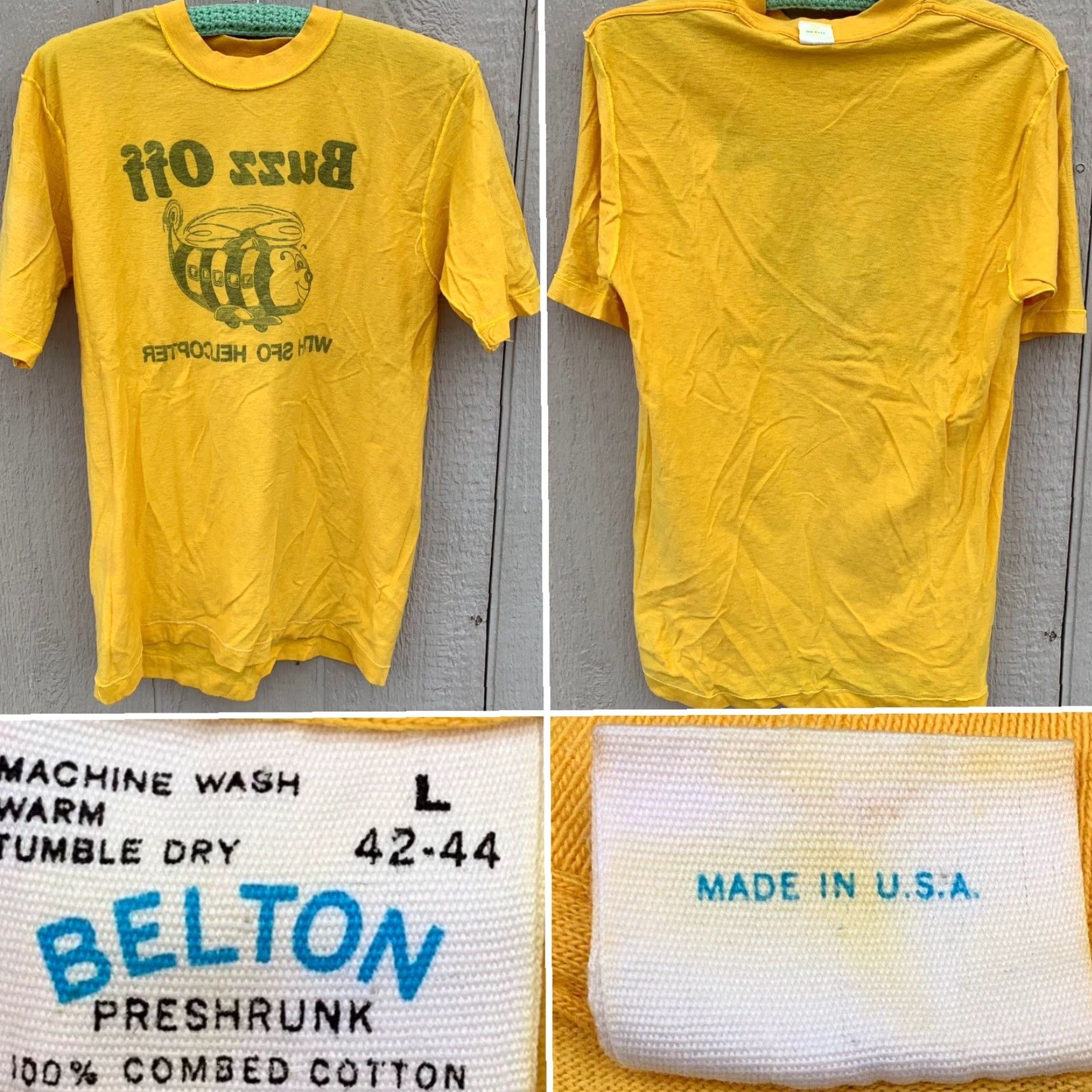Vintage VINTAGE Belton T-Shirt Buzz Off With SFO Helicopter Graphic Bee 100% Cotton Crew Neck Short Sleeve L Mens Yellow 1970s Size US L / EU 52-54 / 3 - 6 Thumbnail